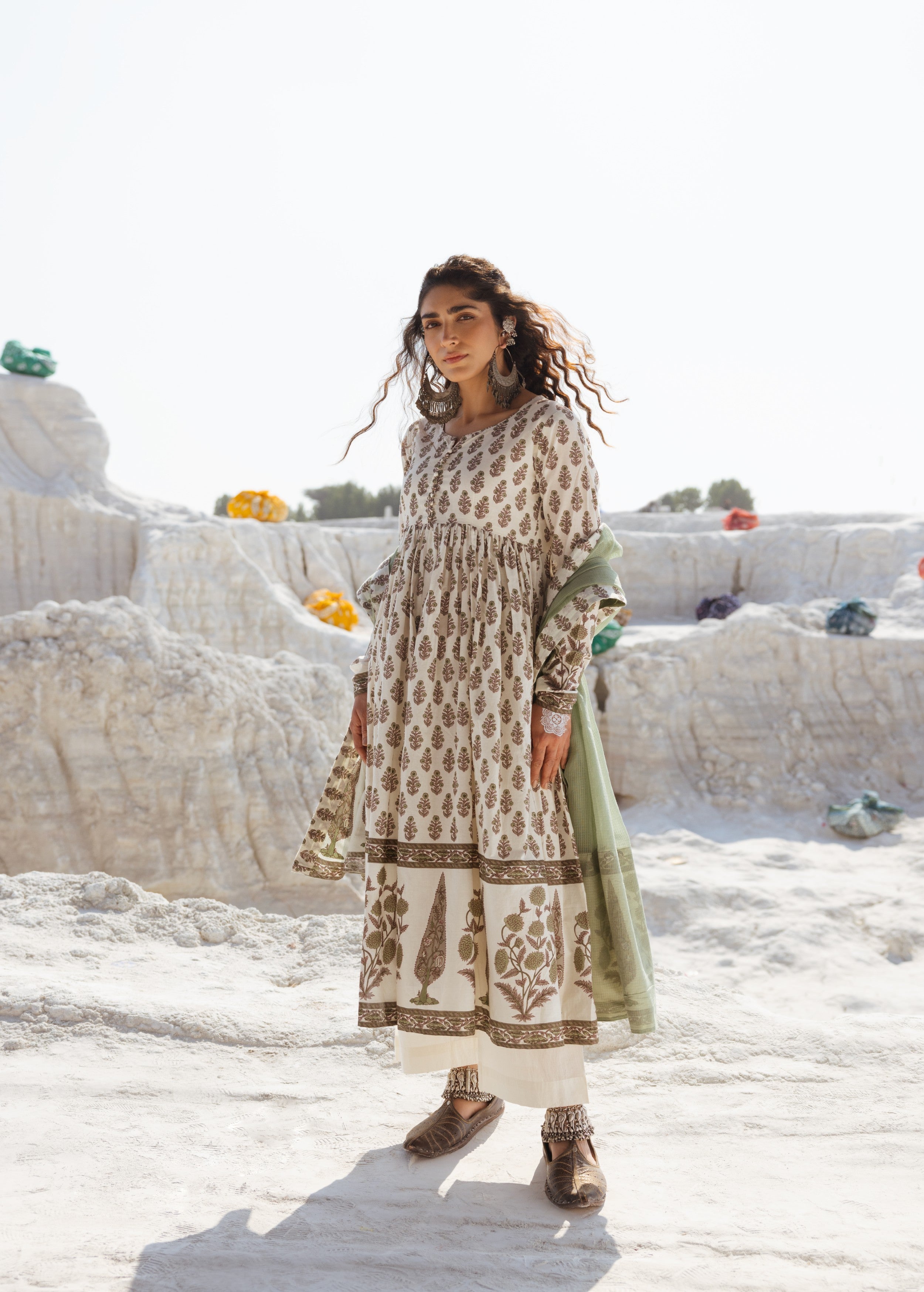 Cream and Olive Printed Organic Cotton Anarkali Set