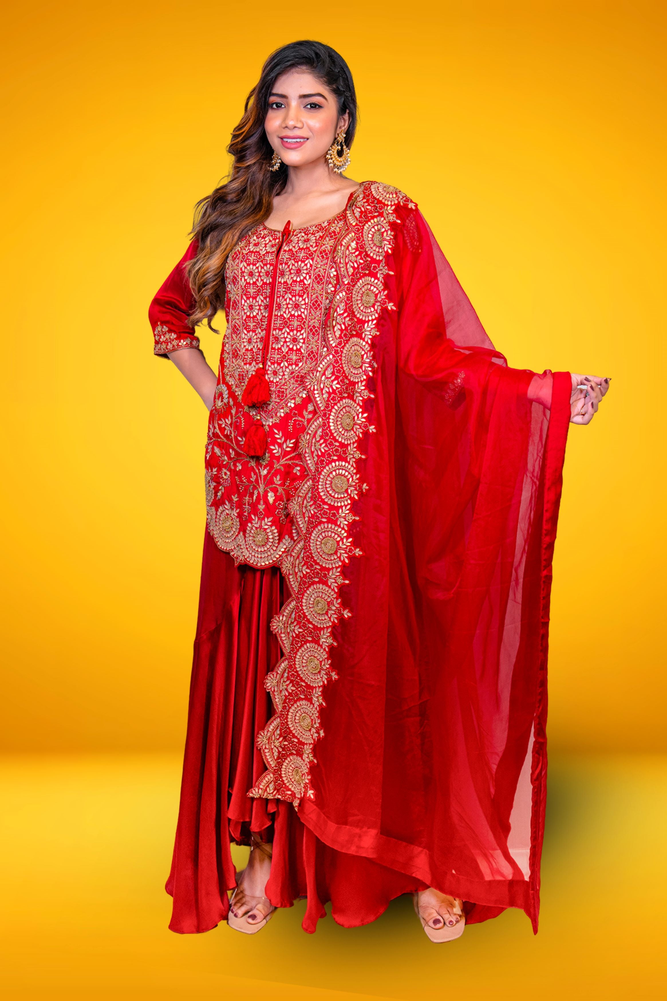 Hot Red Embellished Chennai Silk Kurta Set