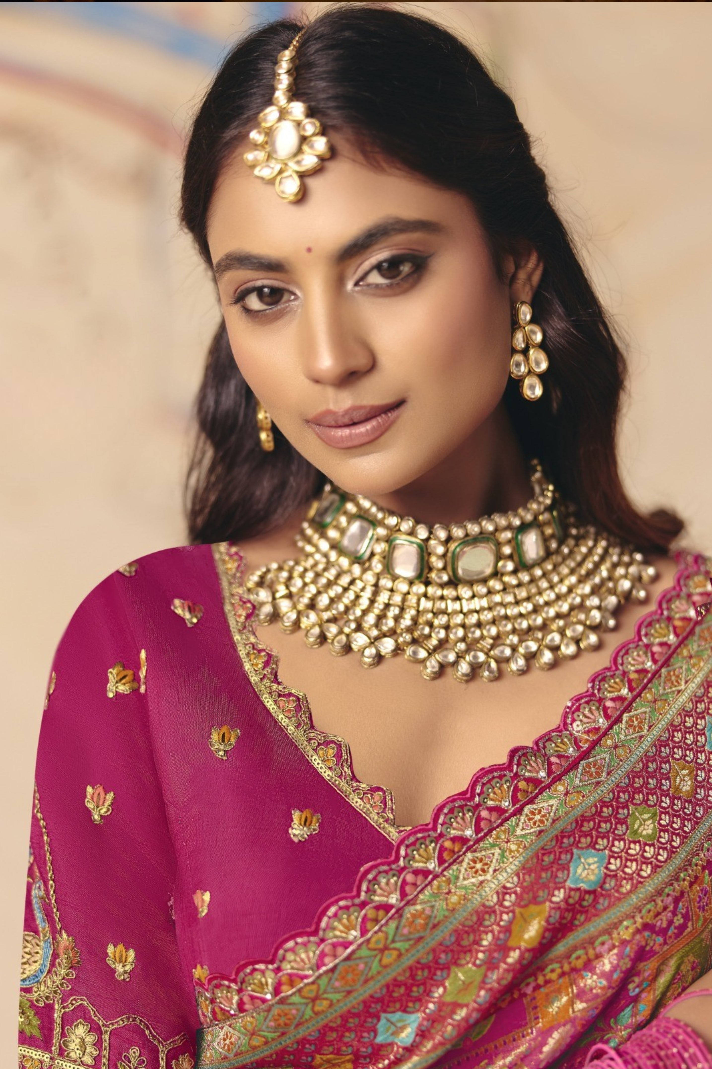 Cerise Pink Embellished Dola Silk Saree