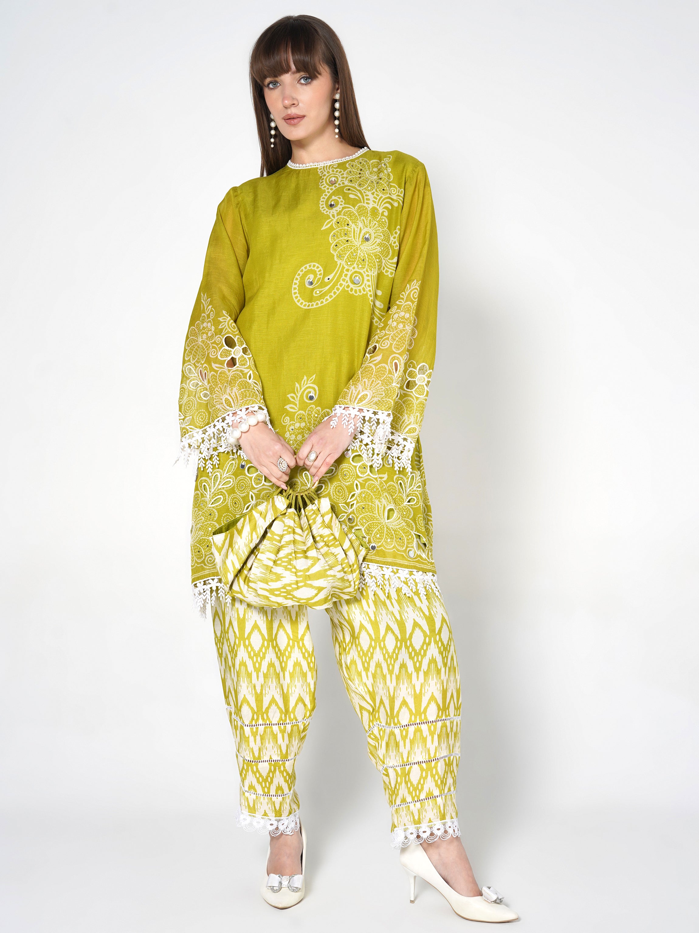 Lime Green Printed Linen Silk Co-Ord Set