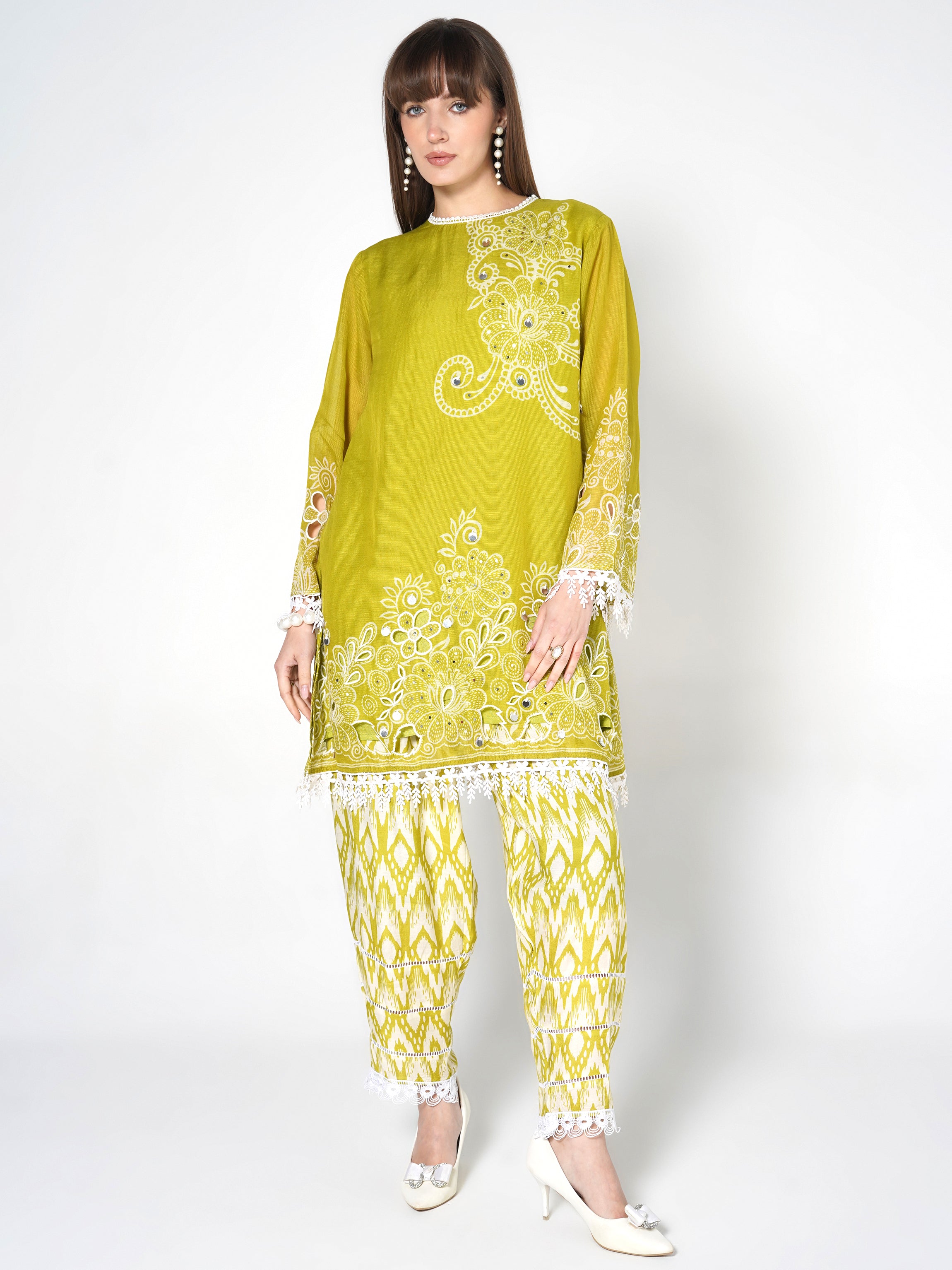 Lime Green Printed Linen Silk Co-Ord Set