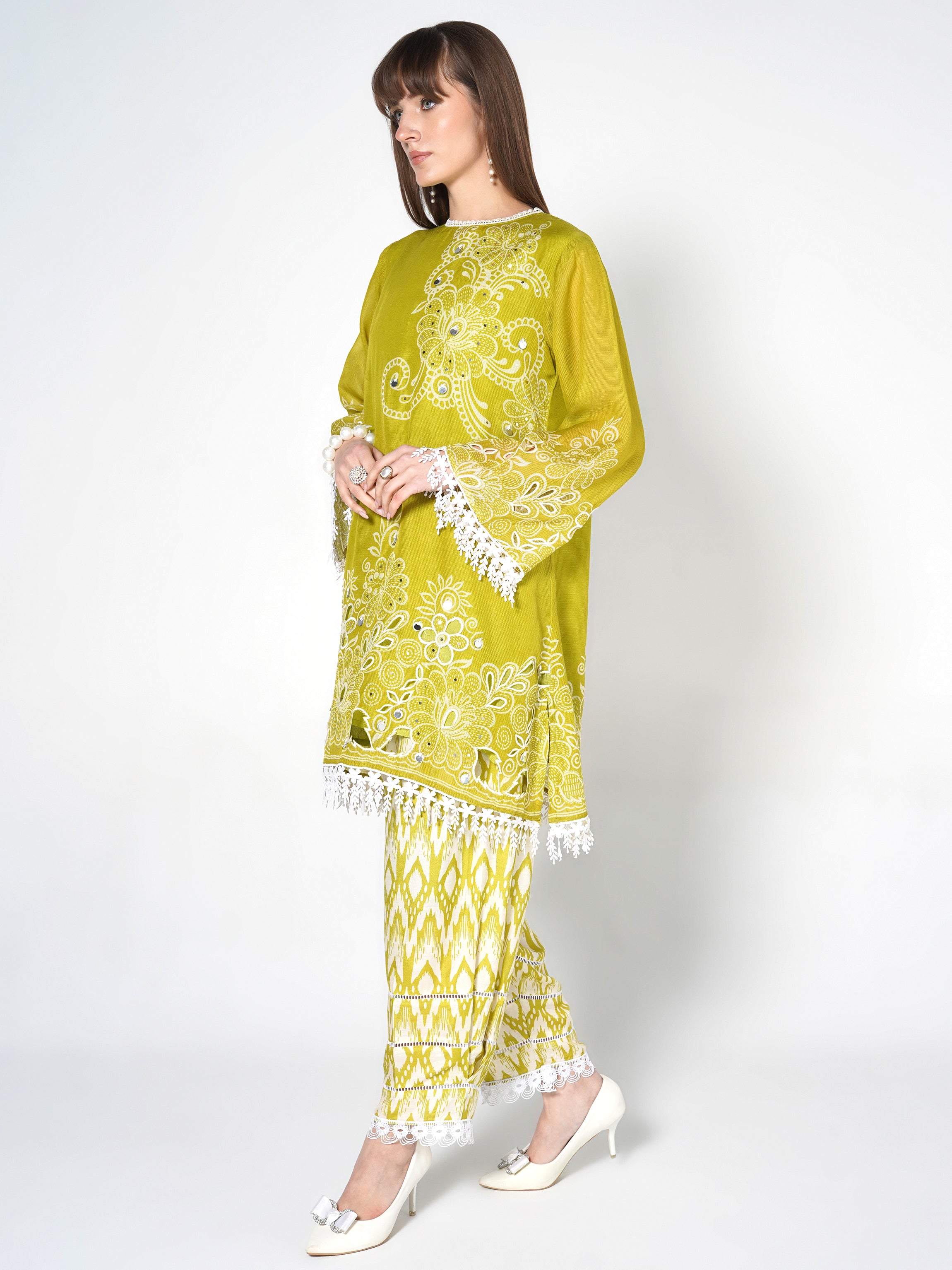 Lime Green Printed Linen Silk Co-Ord Set