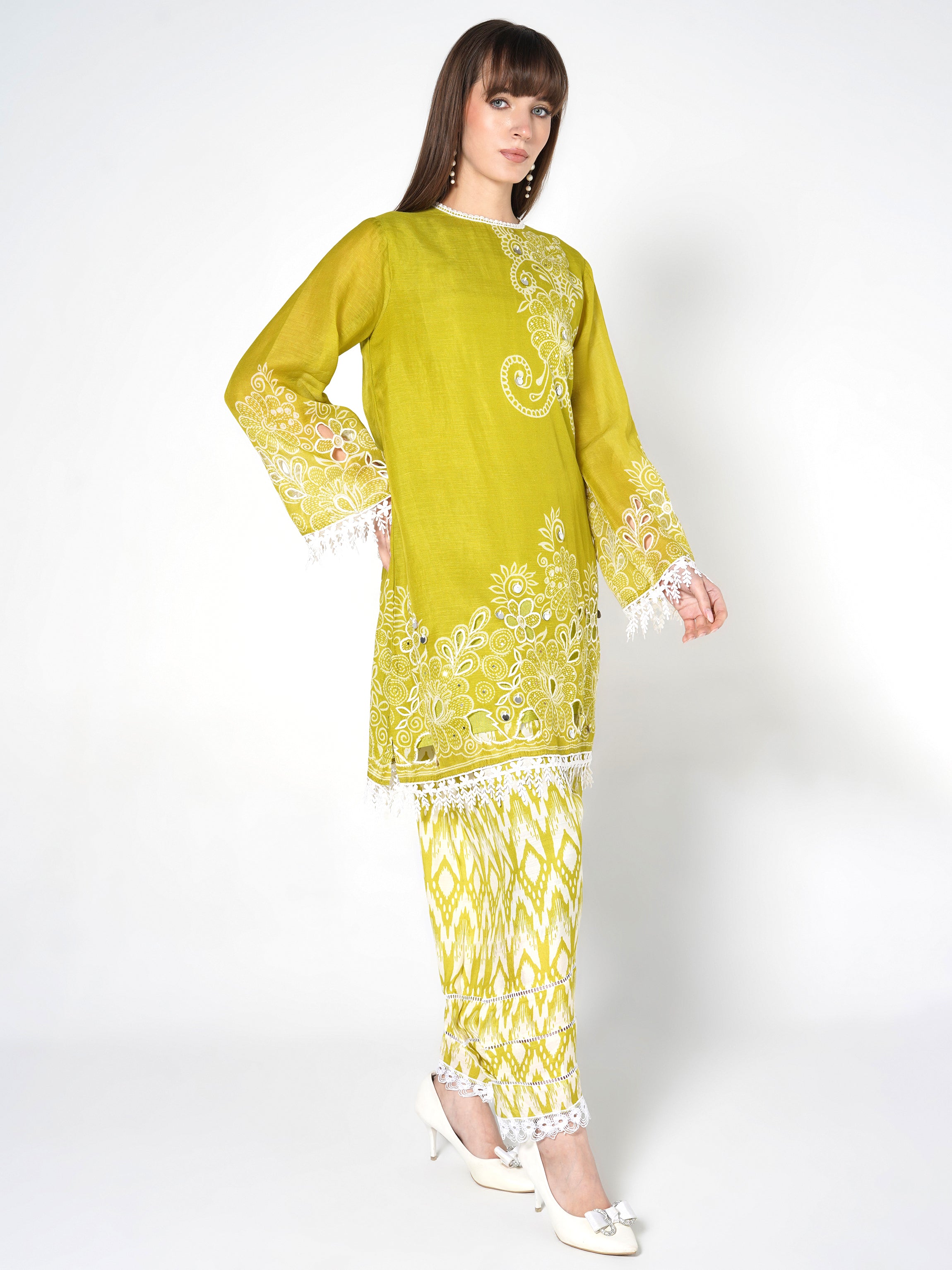 Lime Green Printed Linen Silk Co-Ord Set