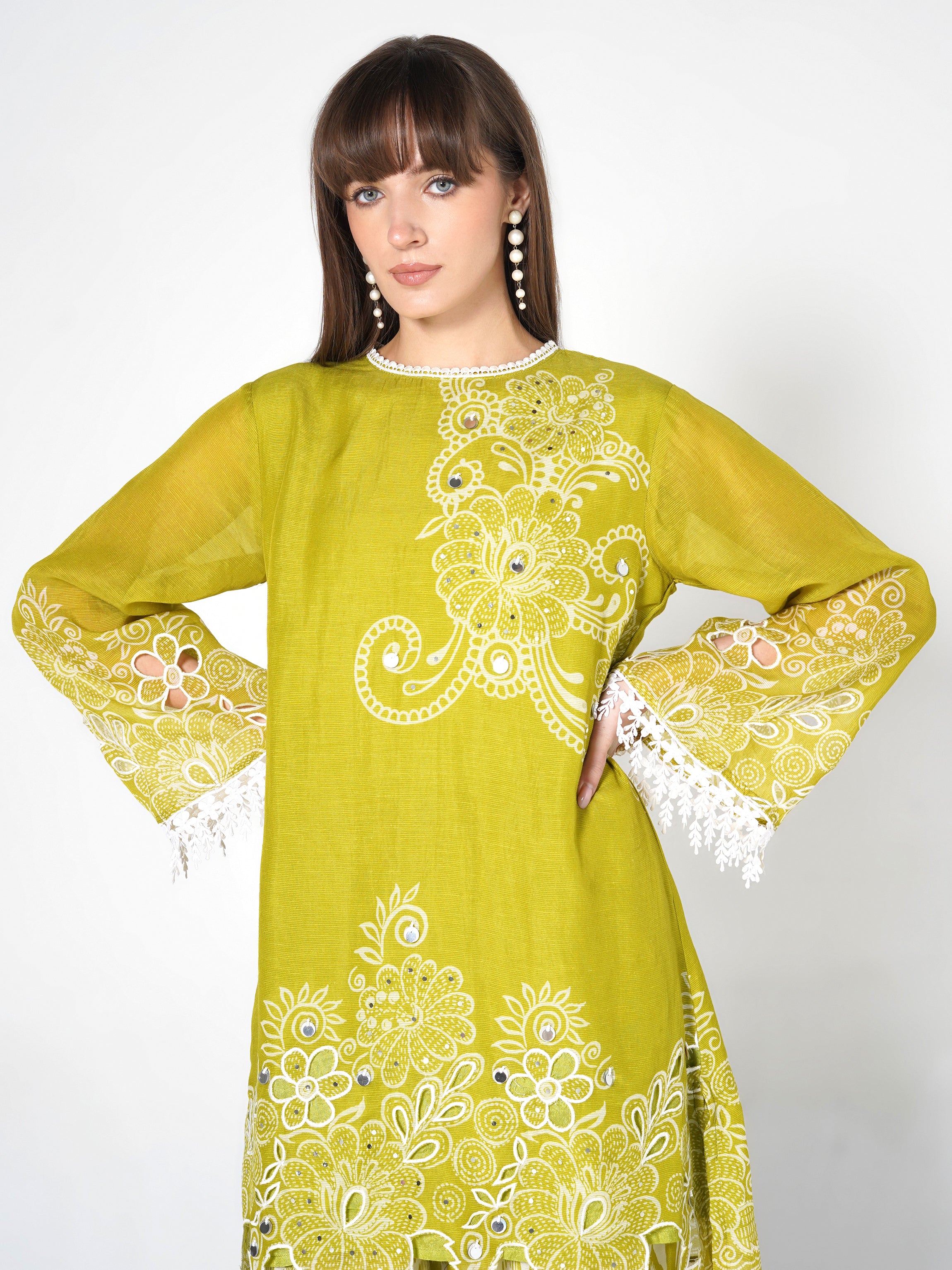 Lime Green Printed Linen Silk Co-Ord Set