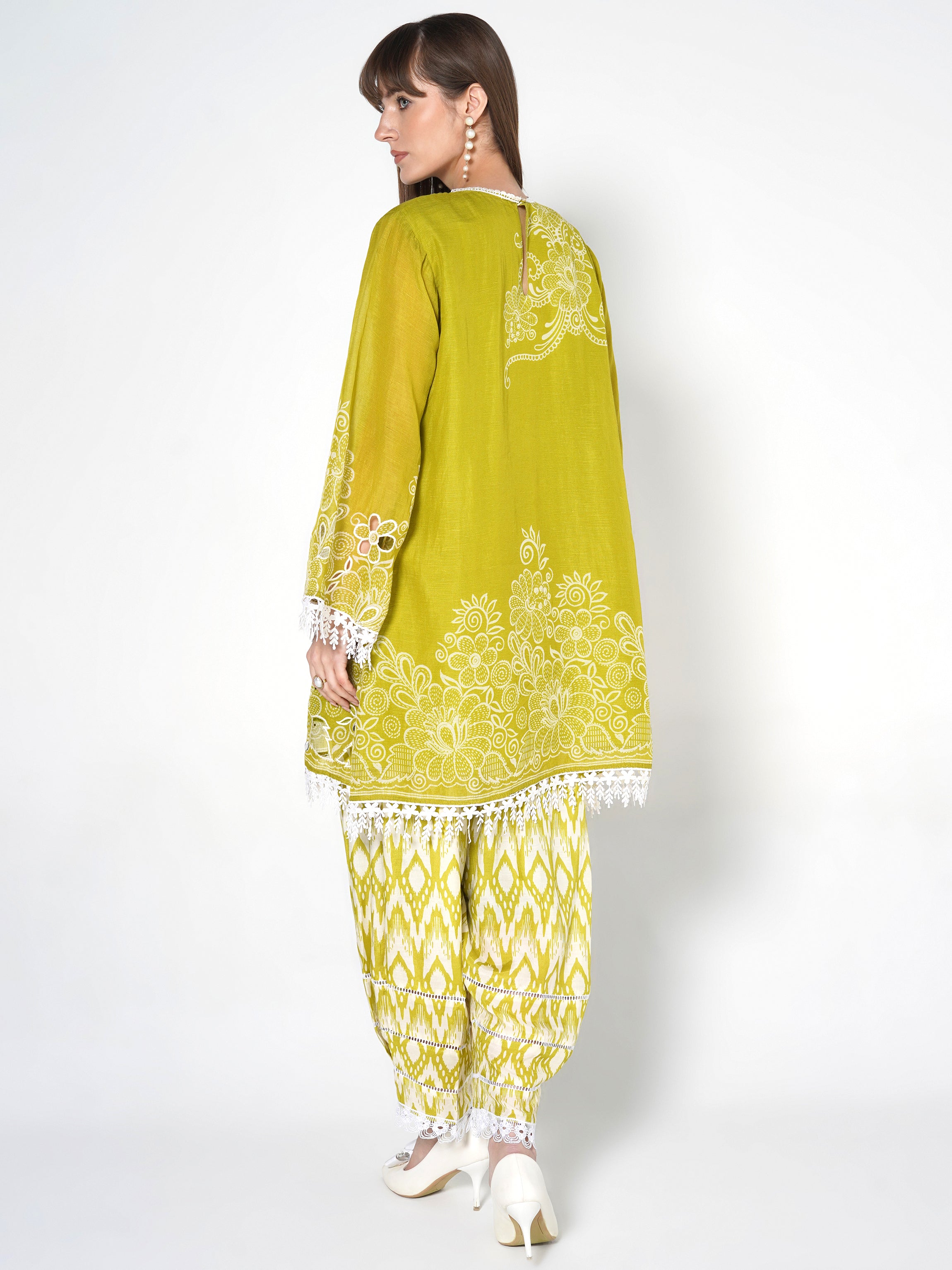 Lime Green Printed Linen Silk Co-Ord Set