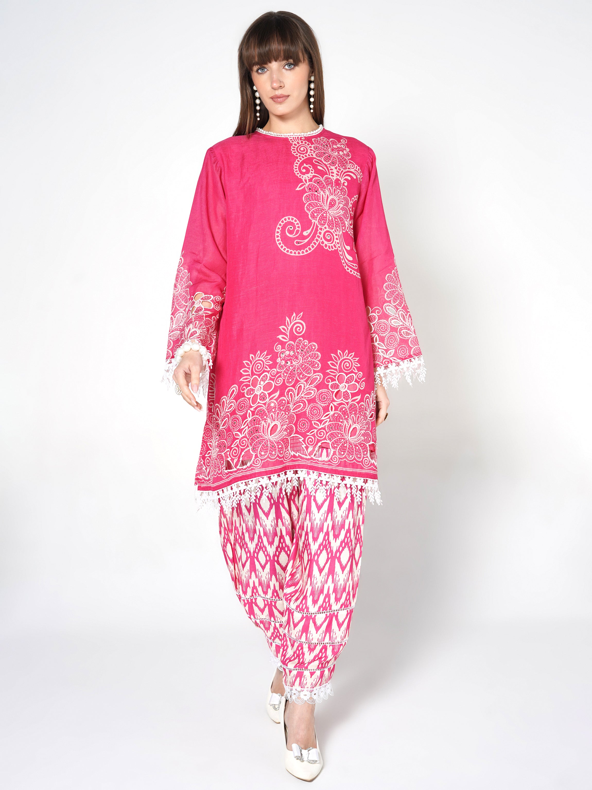 Bright Pink Printed Linen Silk Co-Ord Set