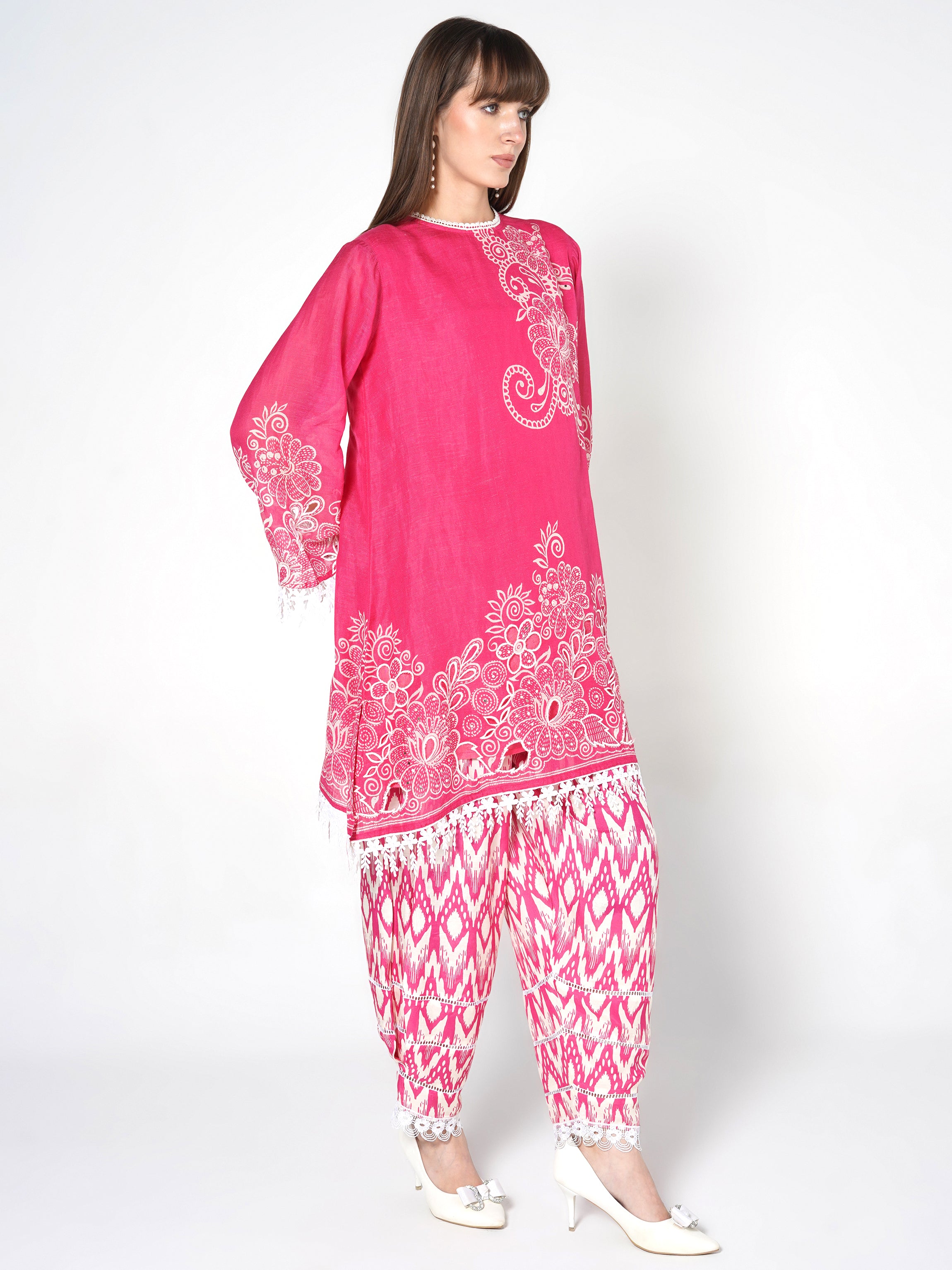Bright Pink Printed Linen Silk Co-Ord Set