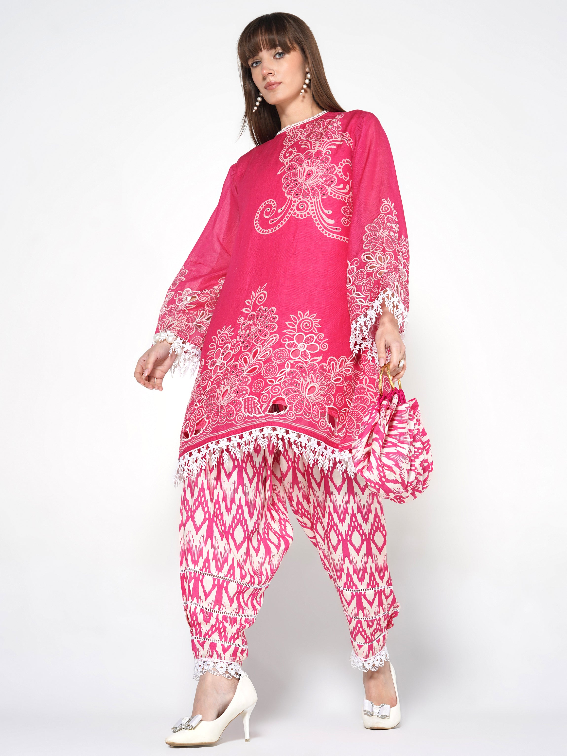 Bright Pink Printed Linen Silk Co-Ord Set