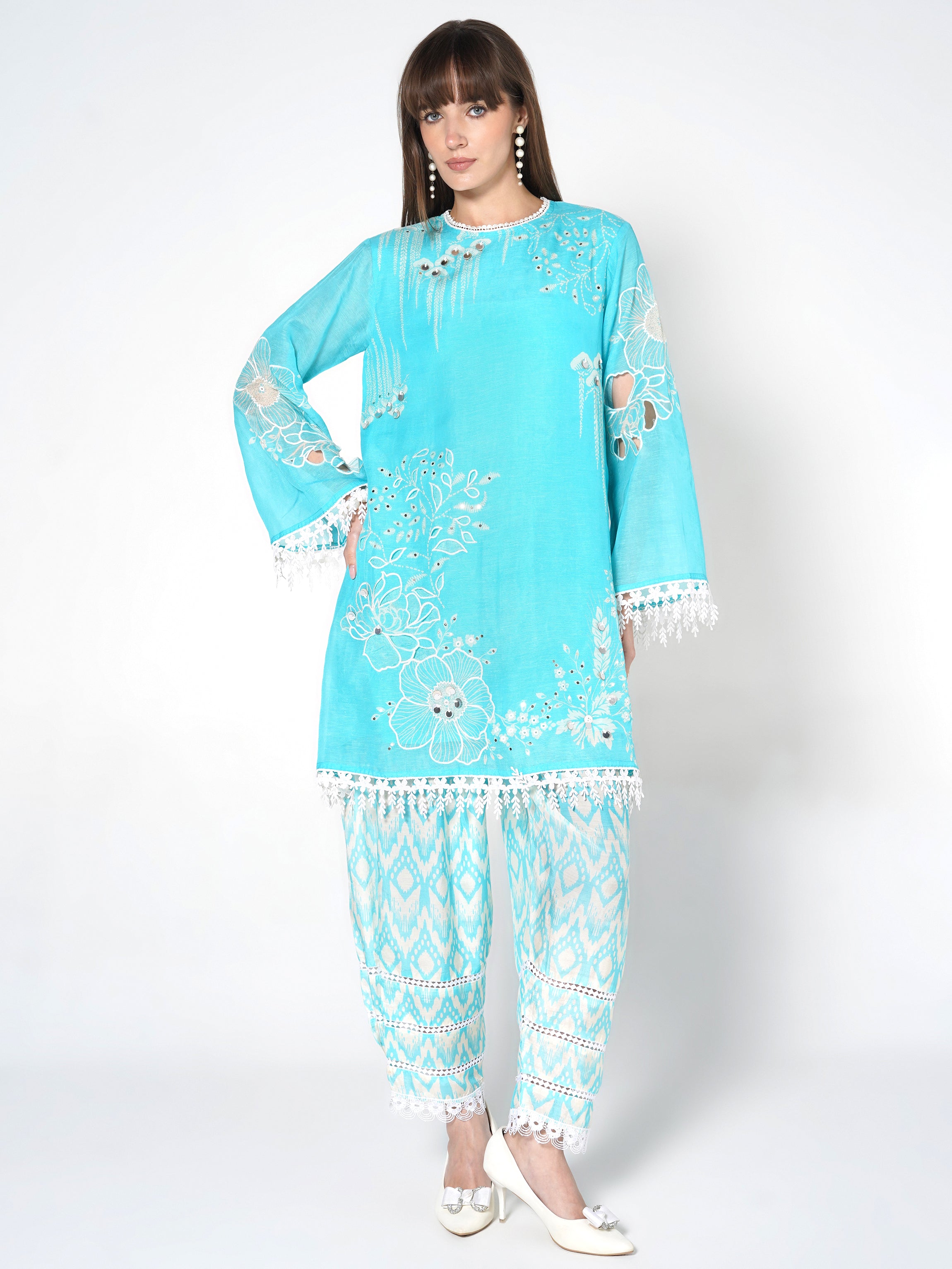 Bright Cyan Printed Linen Silk Co-Ord Set