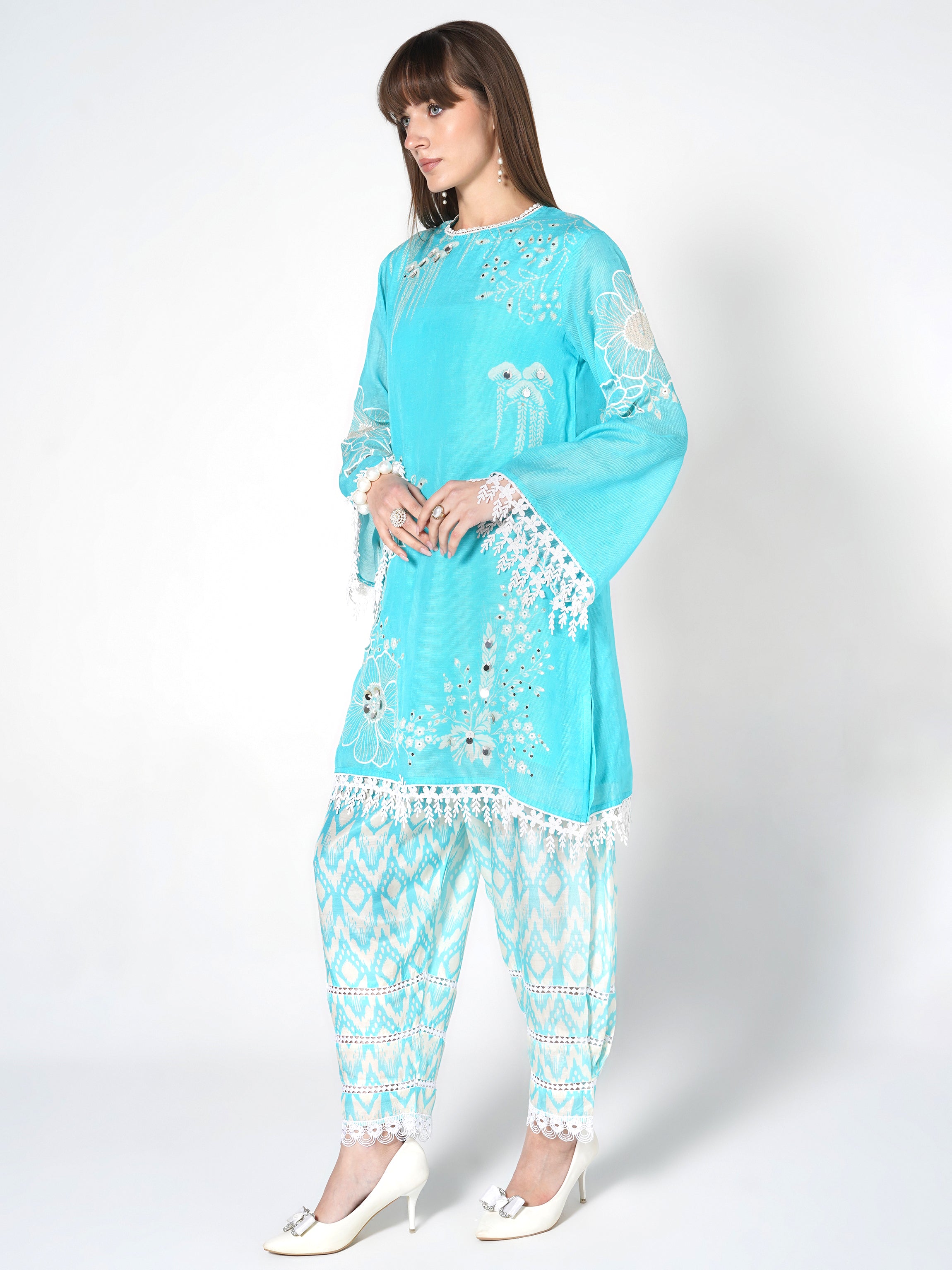 Bright Cyan Printed Linen Silk Co-Ord Set