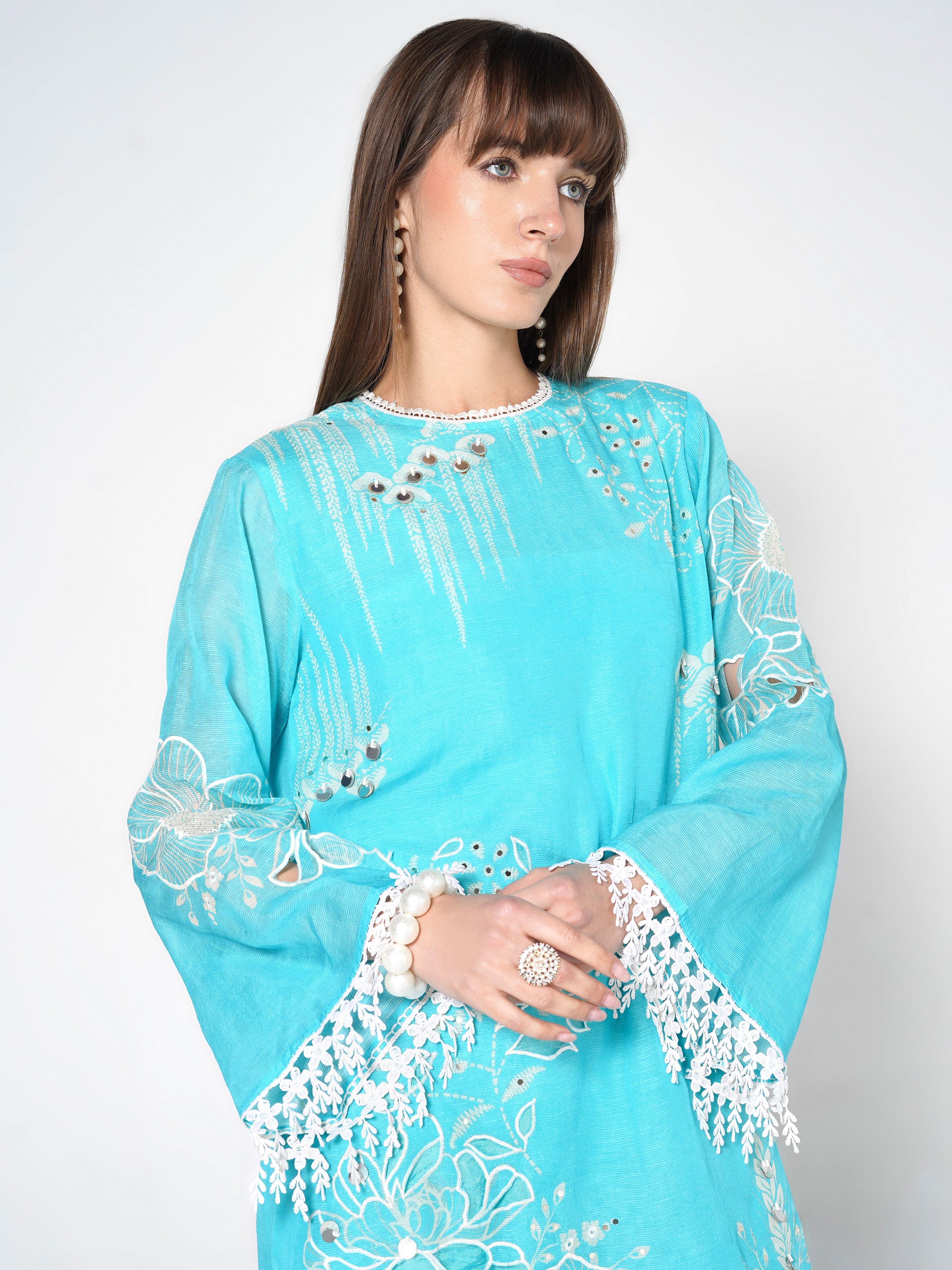 Bright Cyan Printed Linen Silk Co-Ord Set