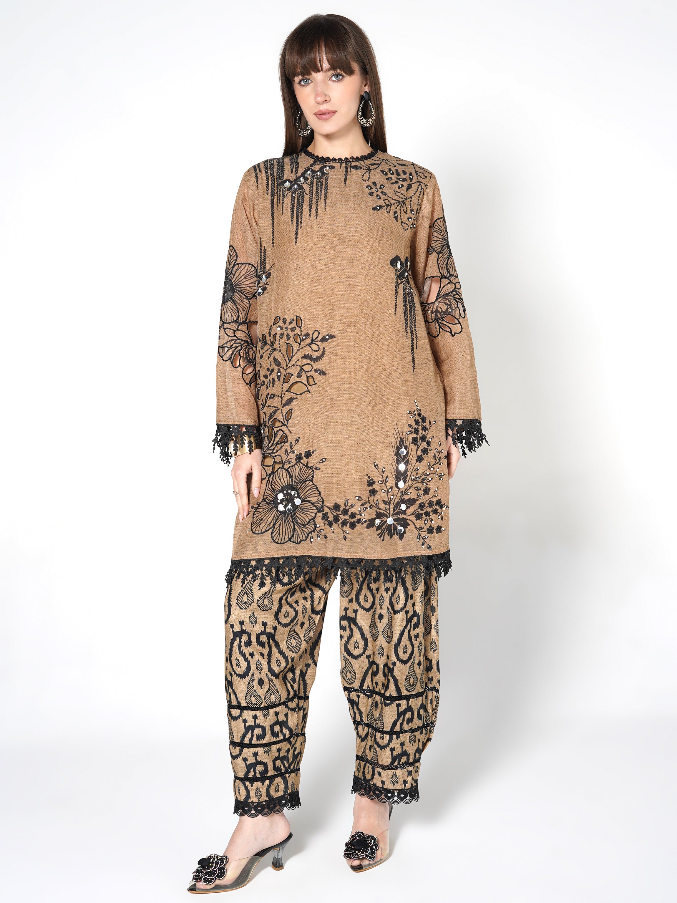 Camel Brown Printed Linen Silk Co-Ord Set