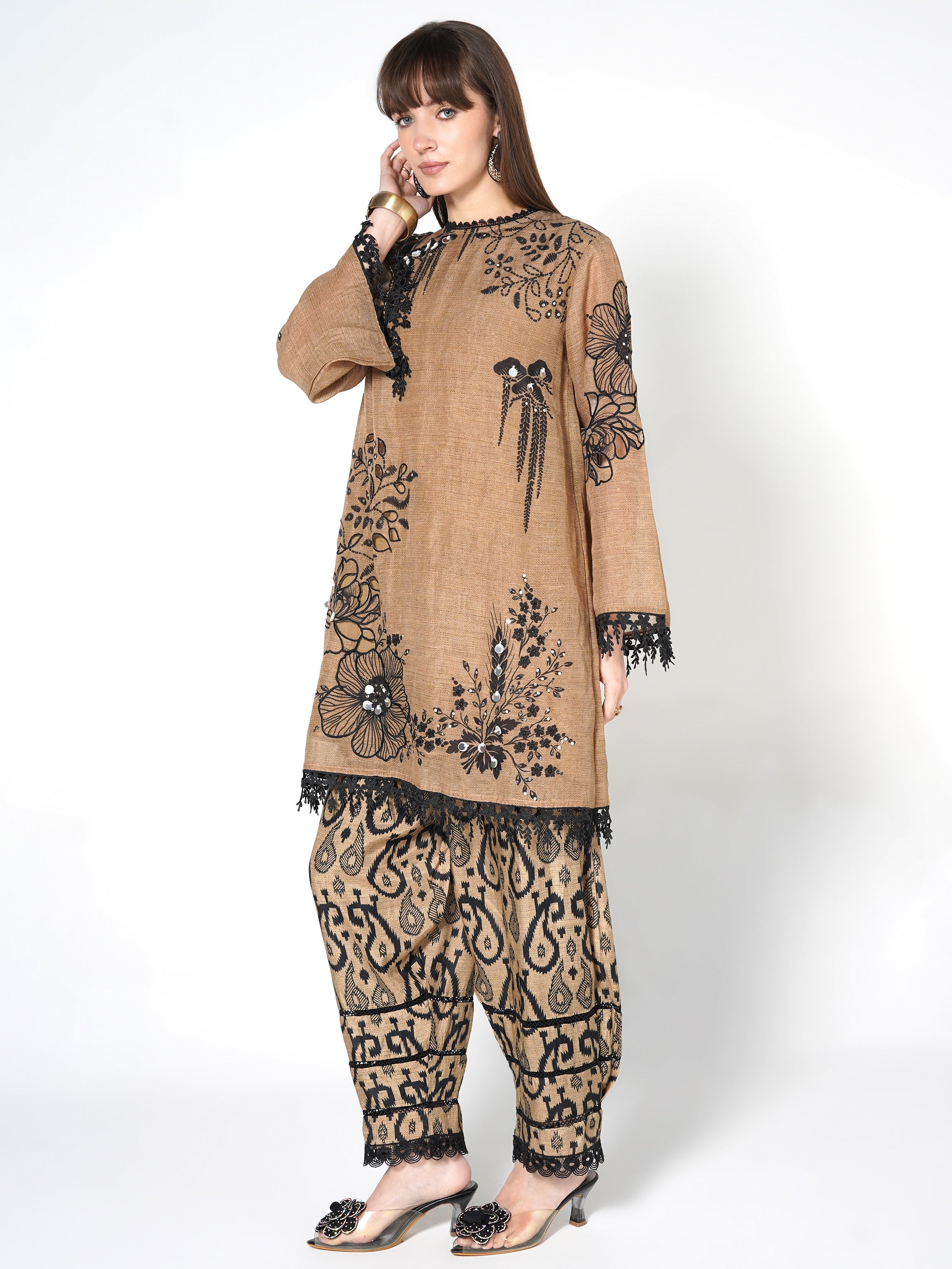 Camel Brown Printed Linen Silk Co-Ord Set
