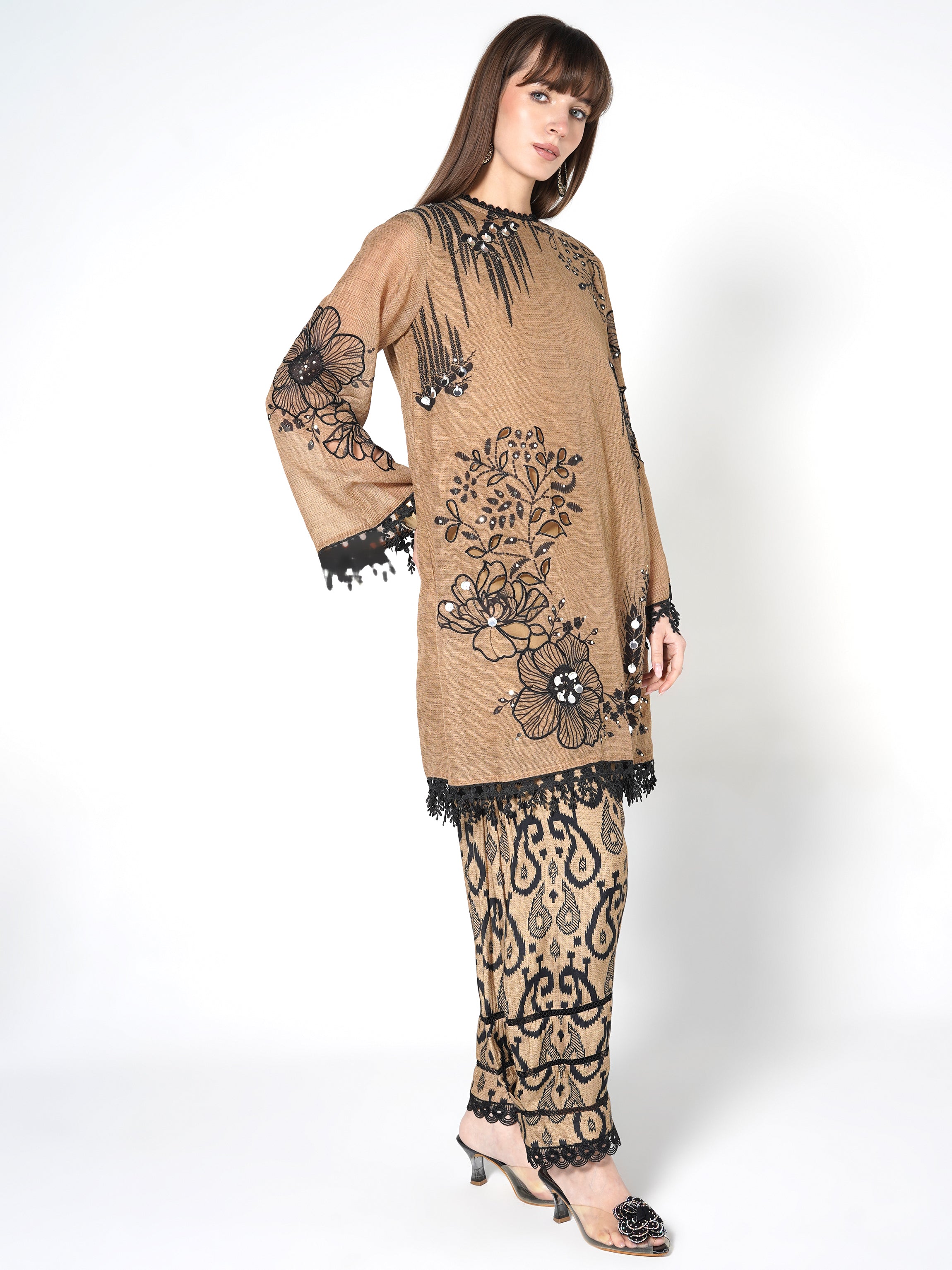 Camel Brown Printed Linen Silk Co-Ord Set