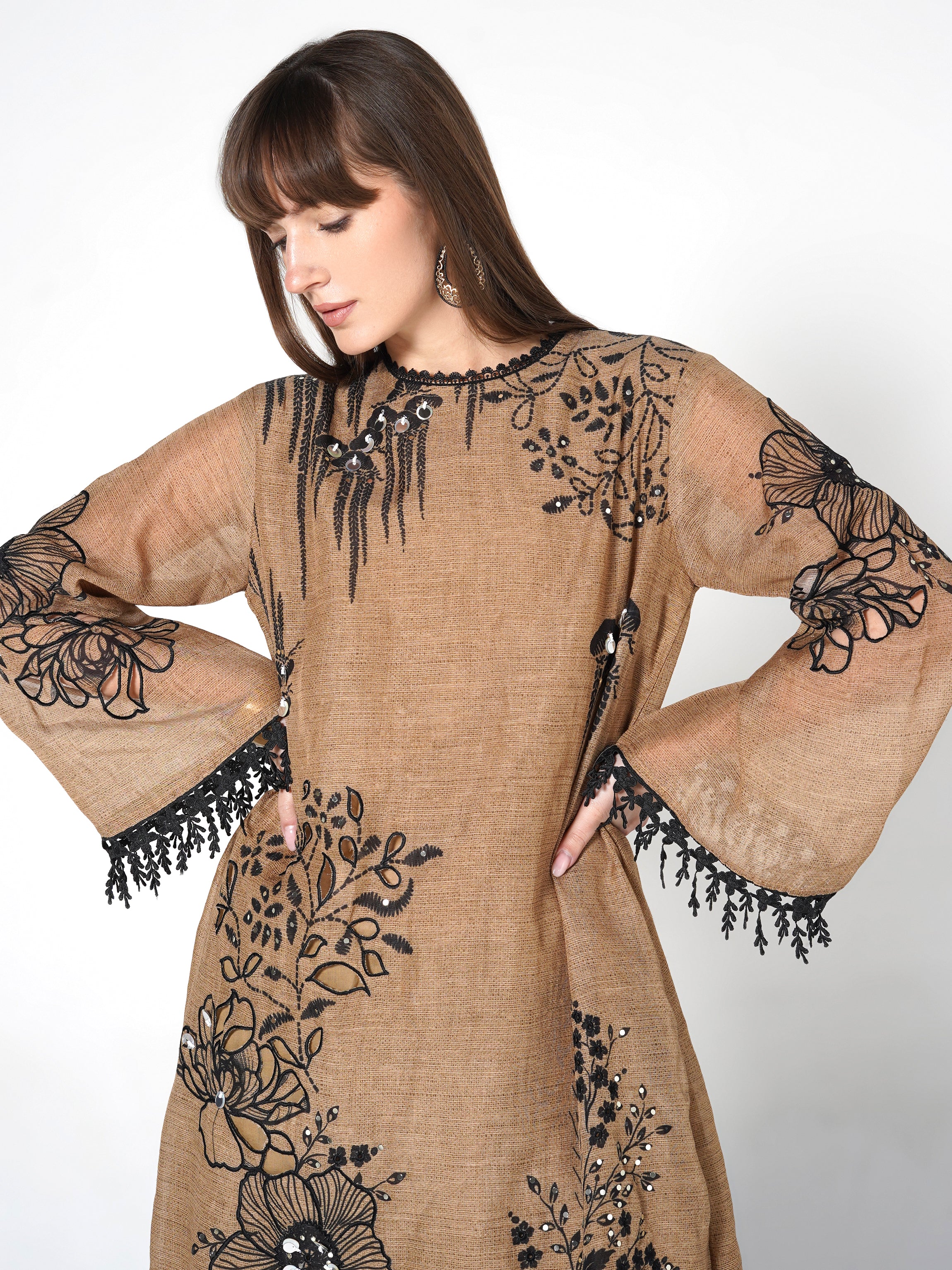 Camel Brown Printed Linen Silk Co-Ord Set