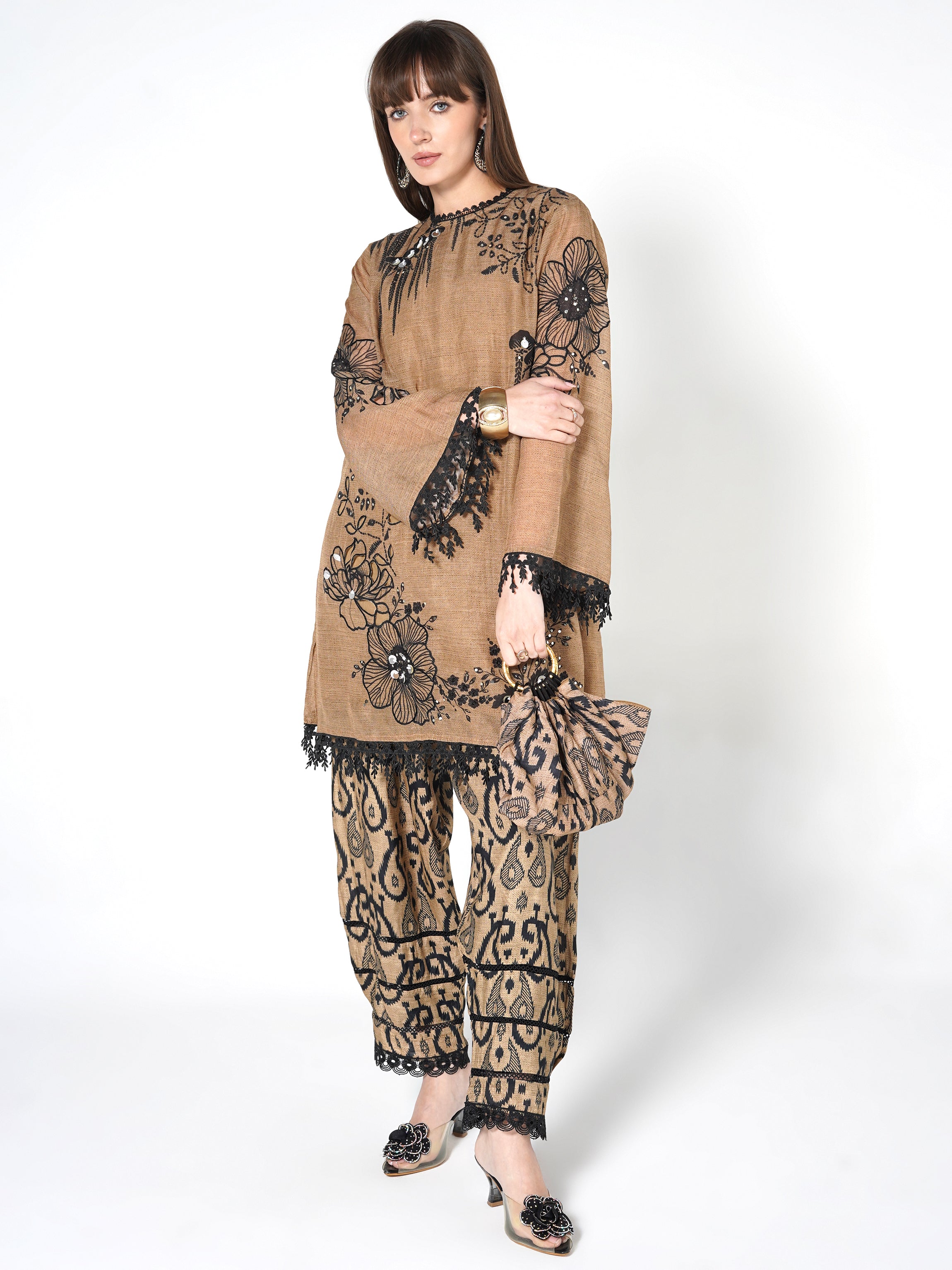 Camel Brown Printed Linen Silk Co-Ord Set
