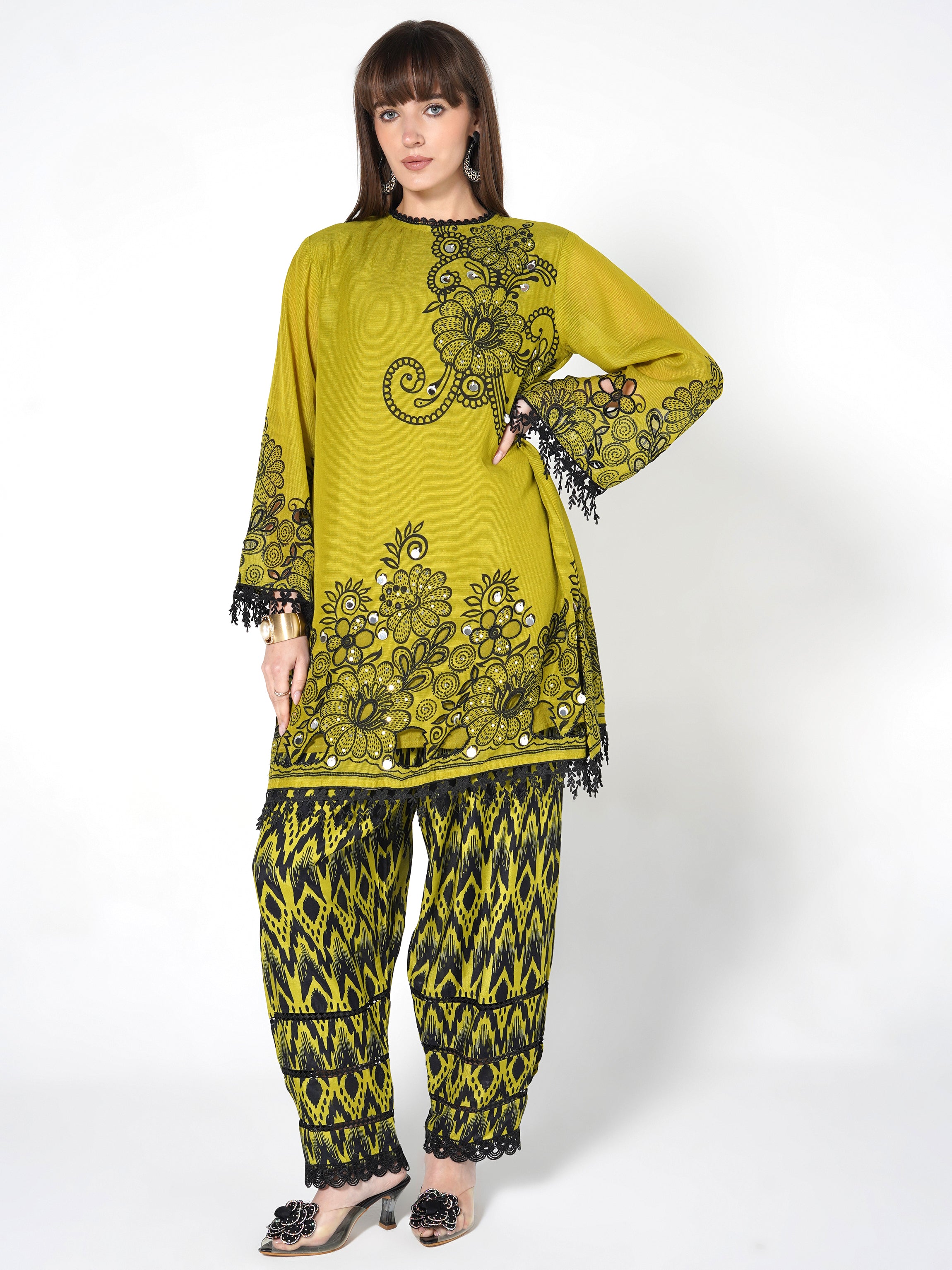 Light Olive Printed Linen Silk Co-Ord Set