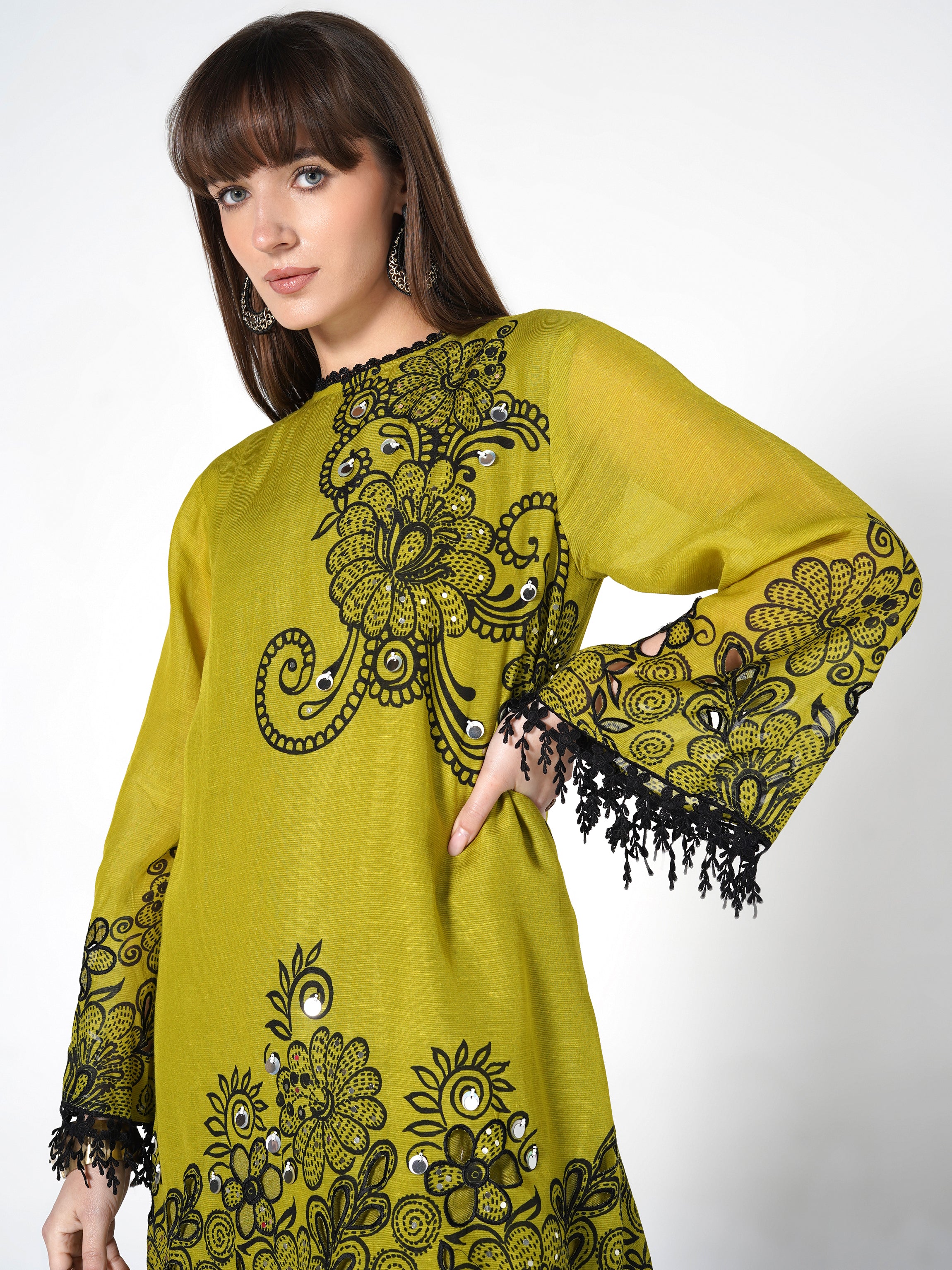 Light Olive Printed Linen Silk Co-Ord Set