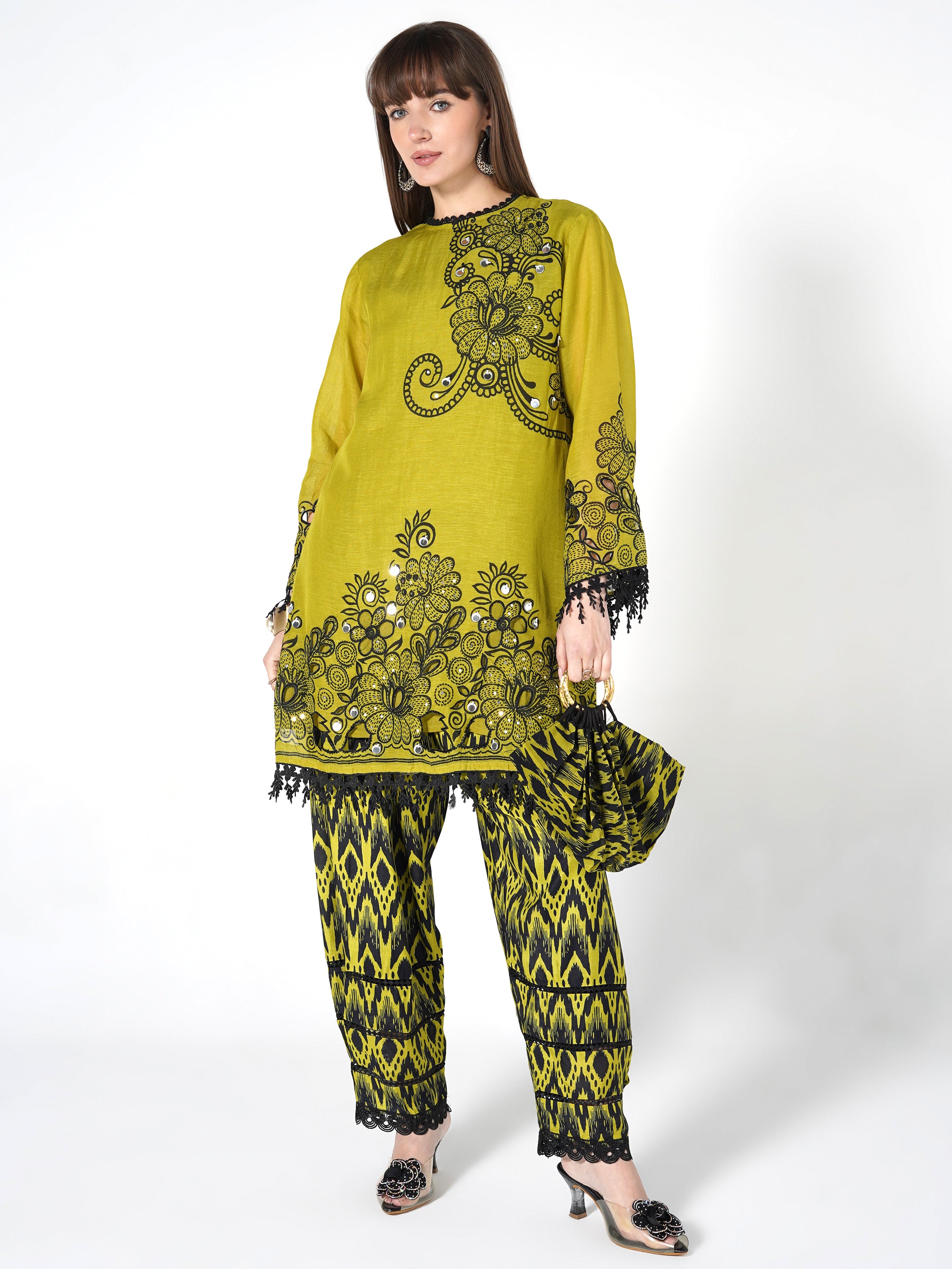 Light Olive Printed Linen Silk Co-Ord Set
