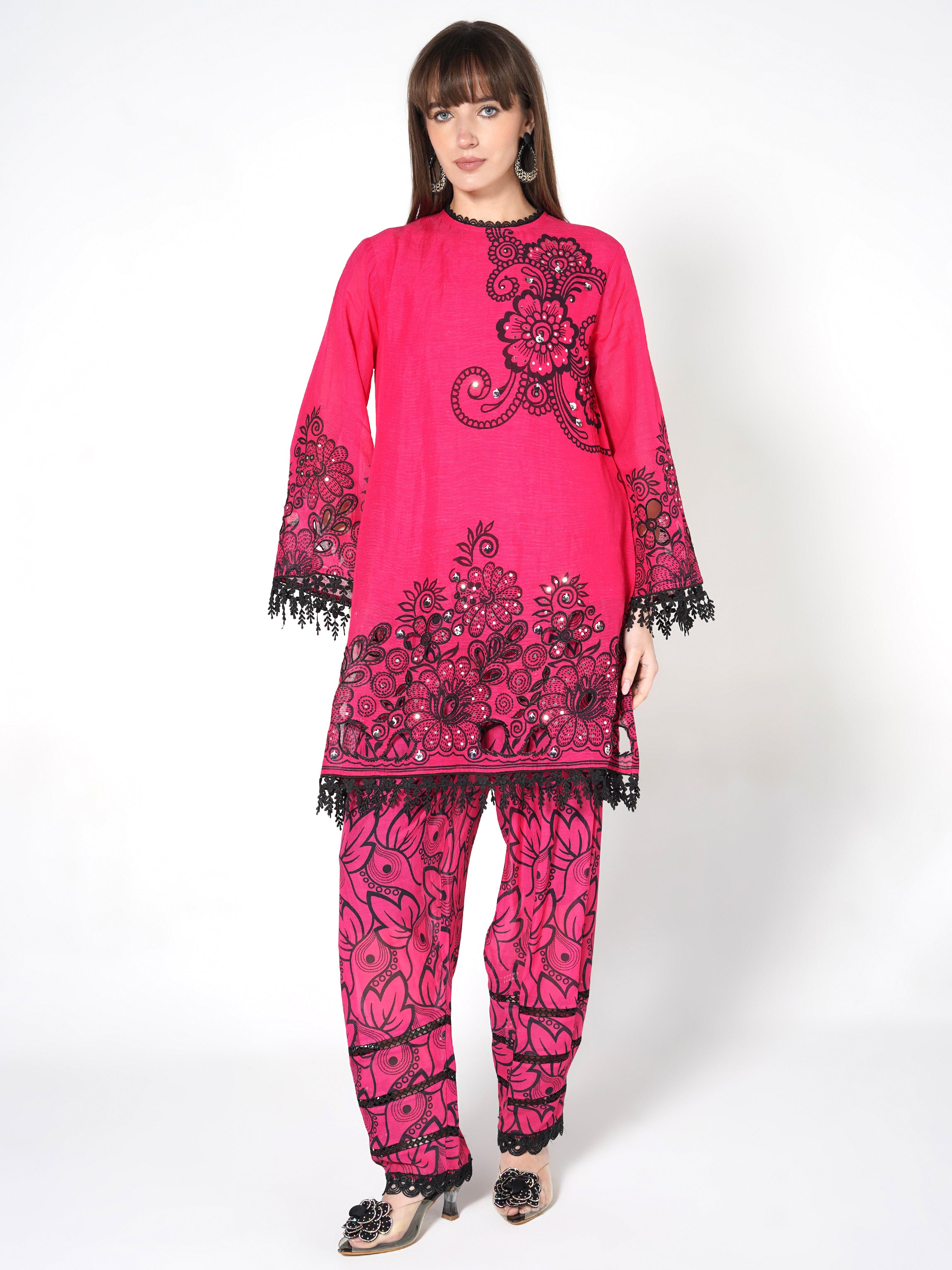 Hot Pink Printed Linen Silk Co-Ord Set