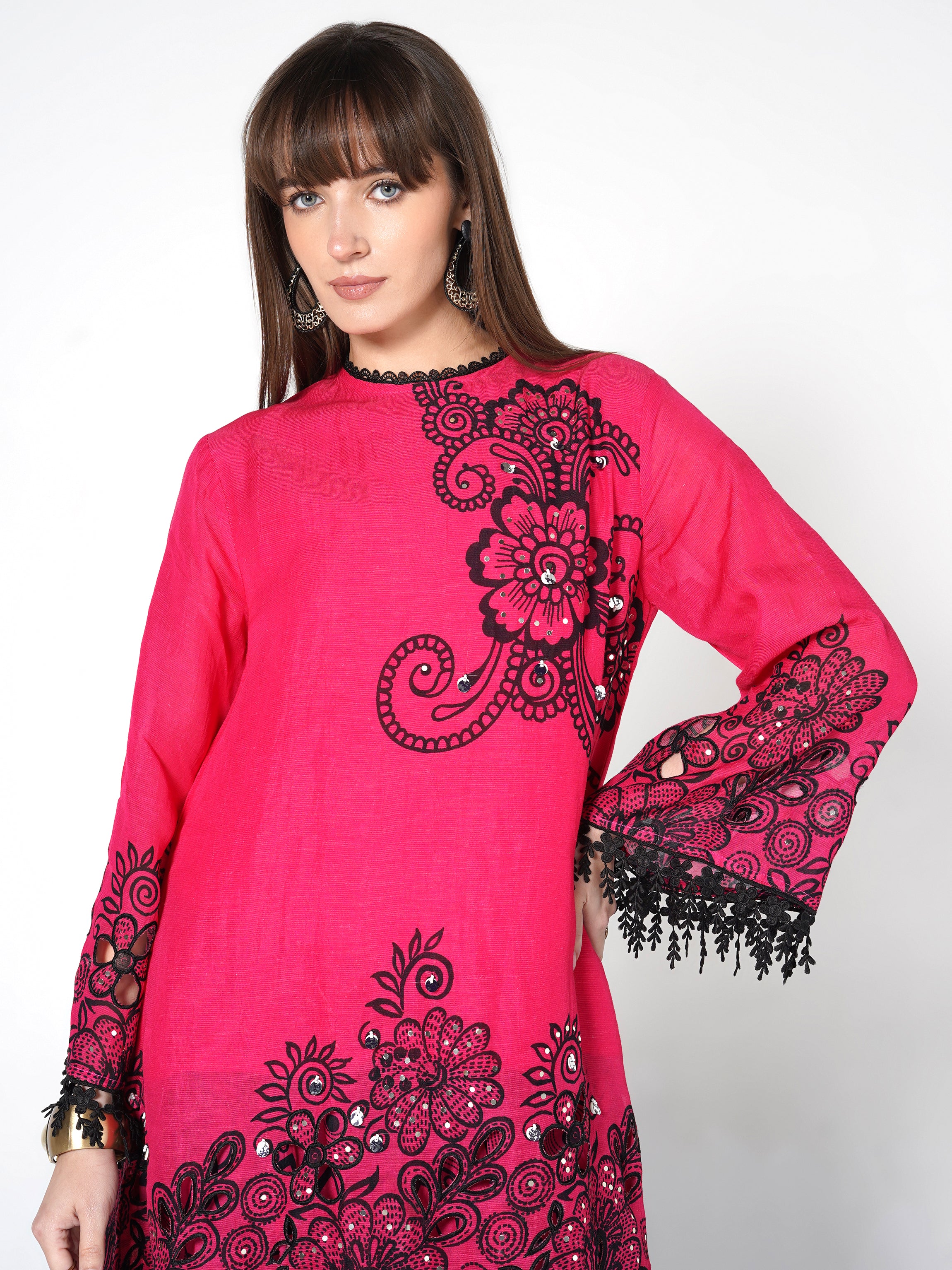 Hot Pink Printed Linen Silk Co-Ord Set