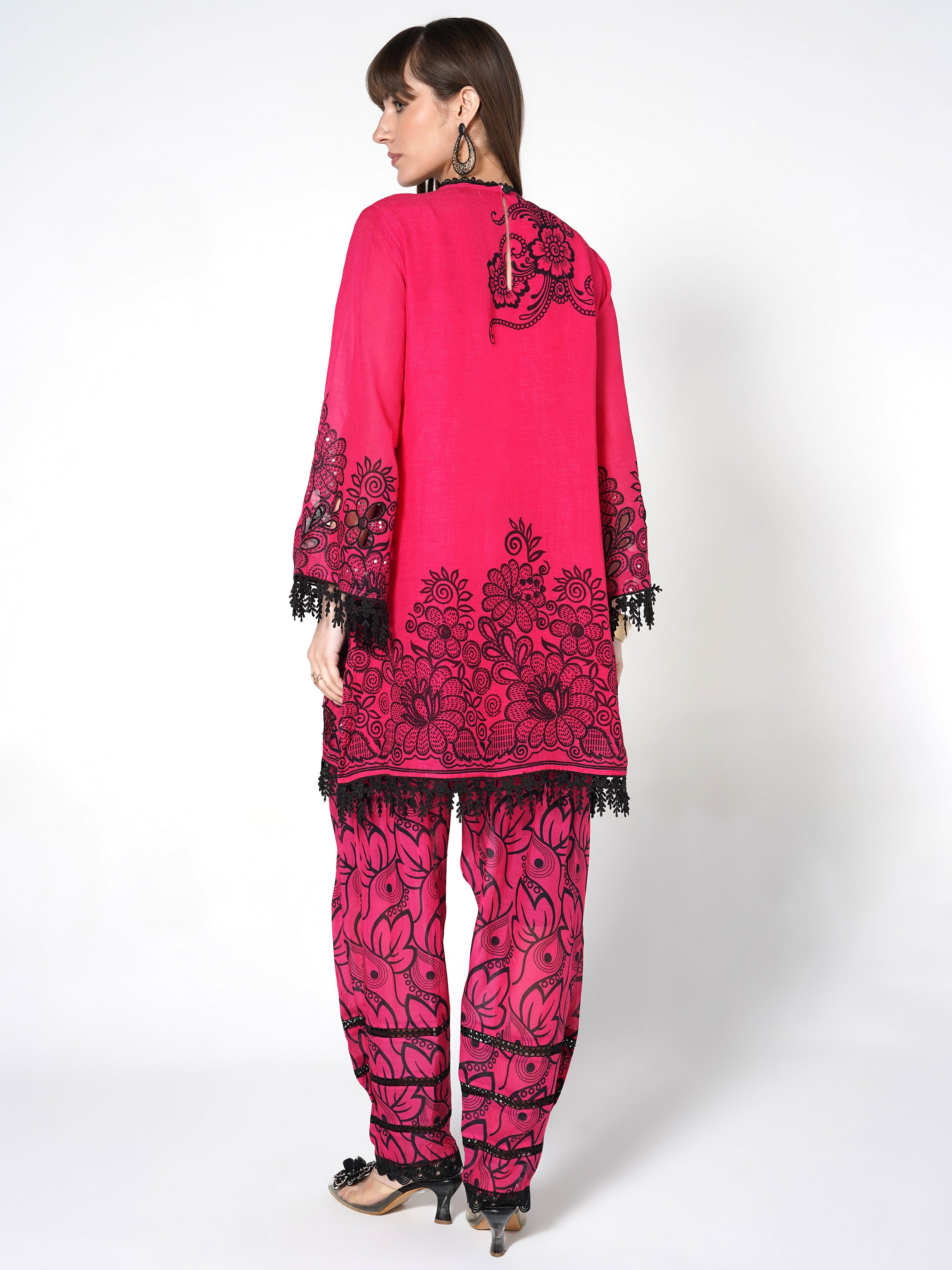 Hot Pink Printed Linen Silk Co-Ord Set