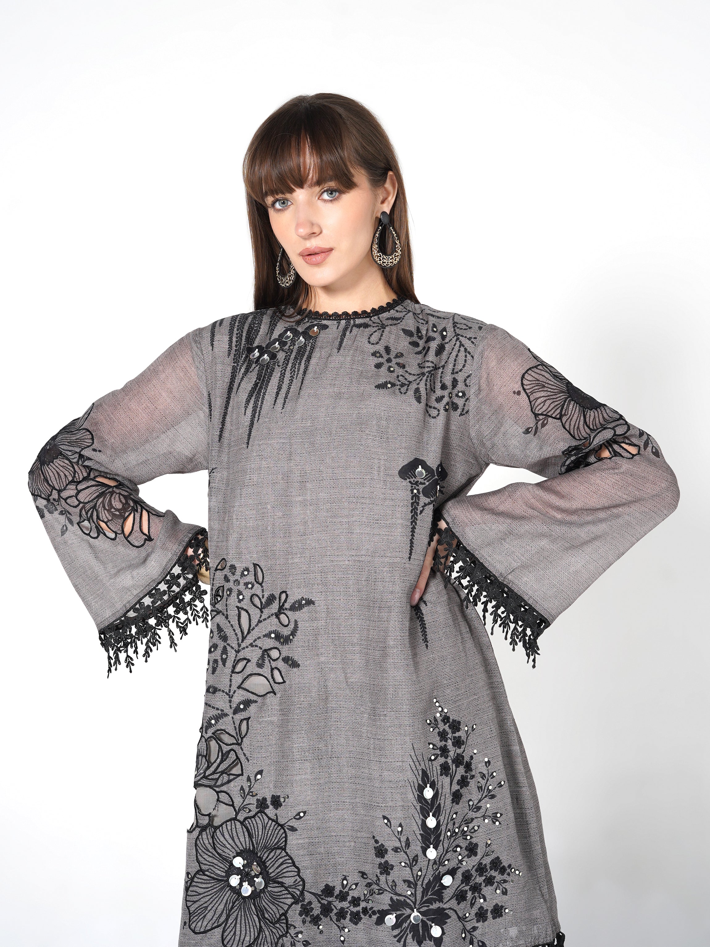 Steel Grey Printed Linen Silk Co-Ord Set