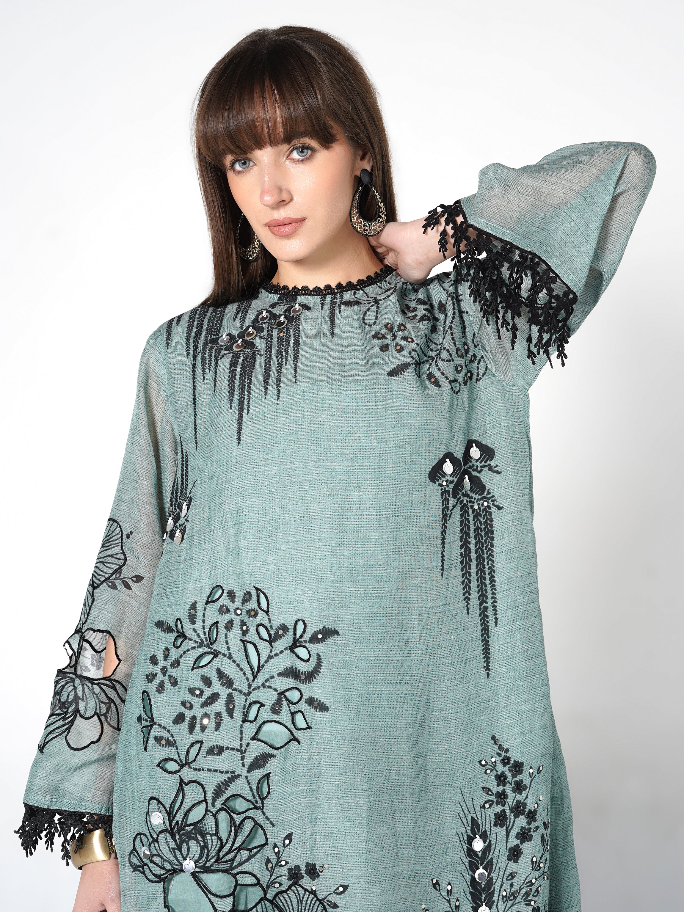 Seafoam Blue Printed Linen Silk Co-Ord Set