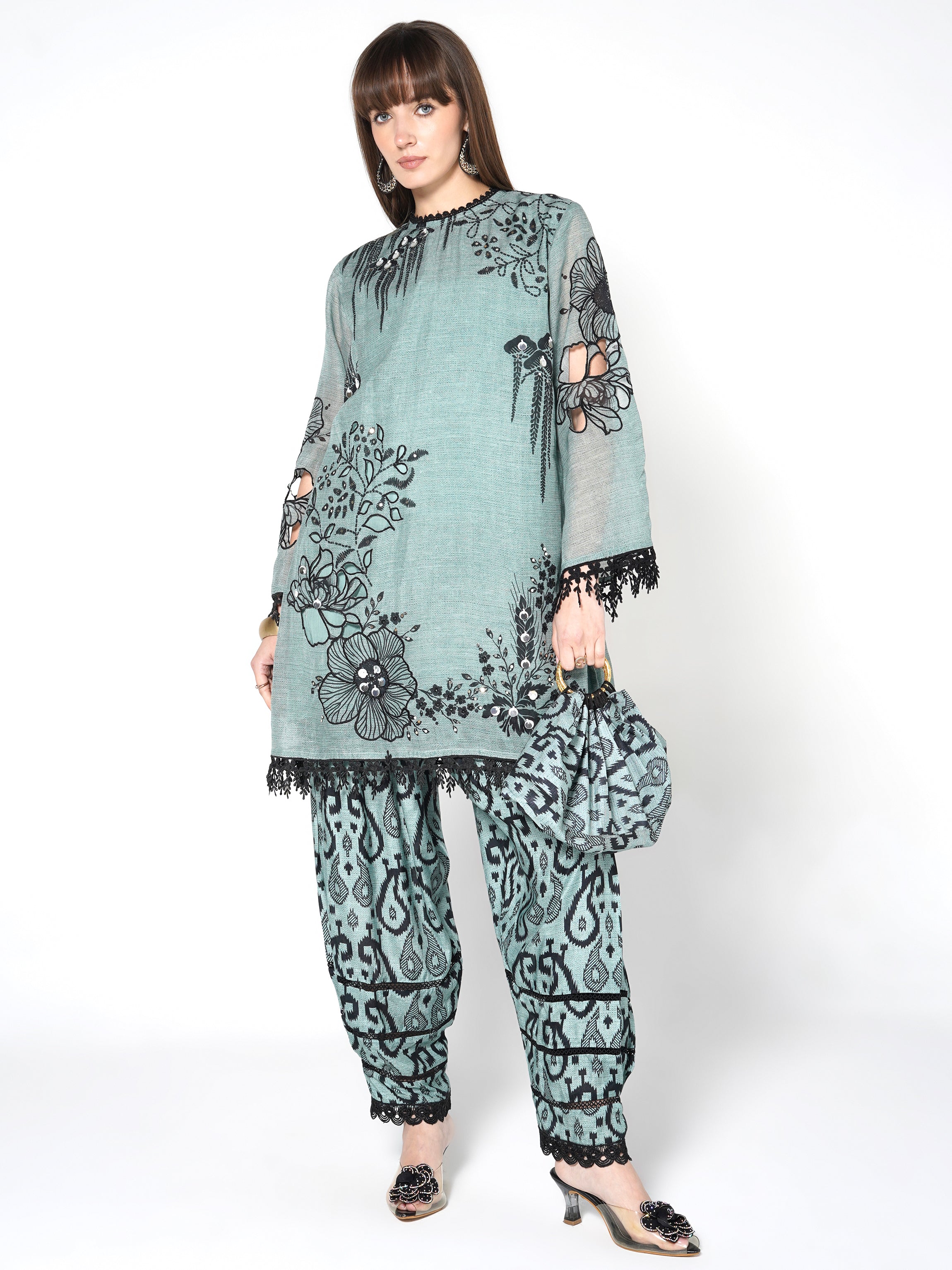 Seafoam Blue Printed Linen Silk Co-Ord Set