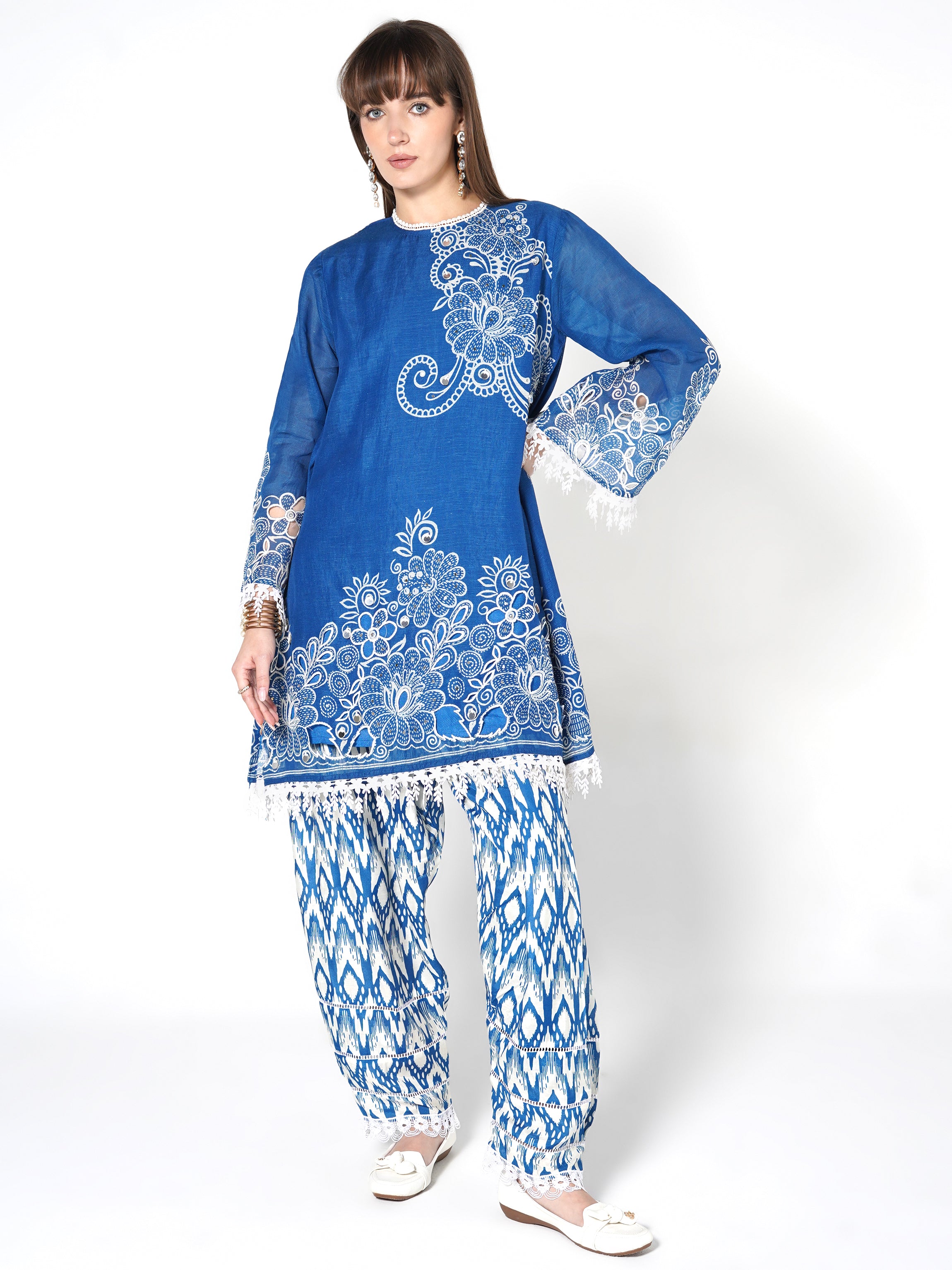 Sapphire Blue Printed Linen Silk Co-Ord Set