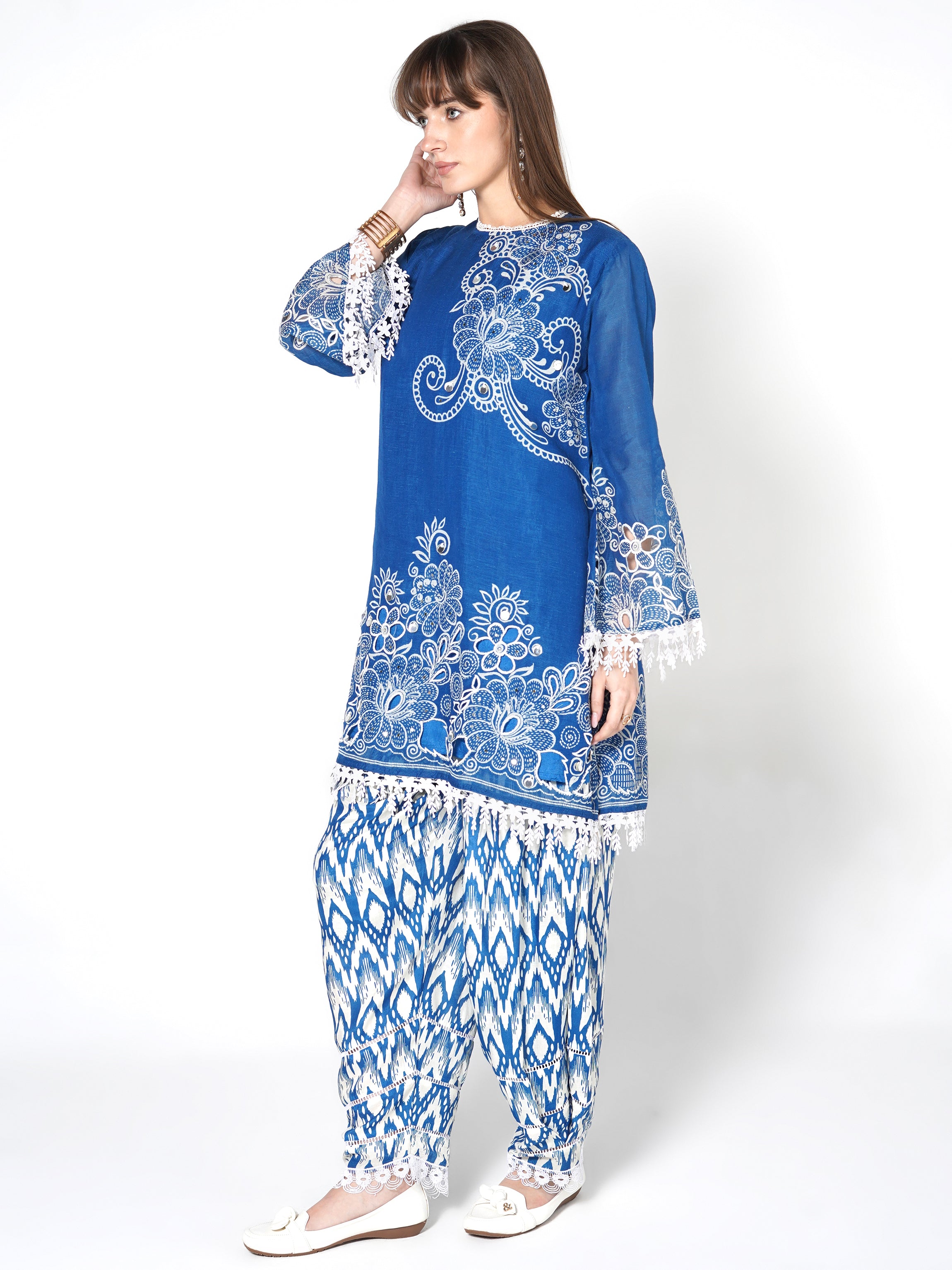 Sapphire Blue Printed Linen Silk Co-Ord Set