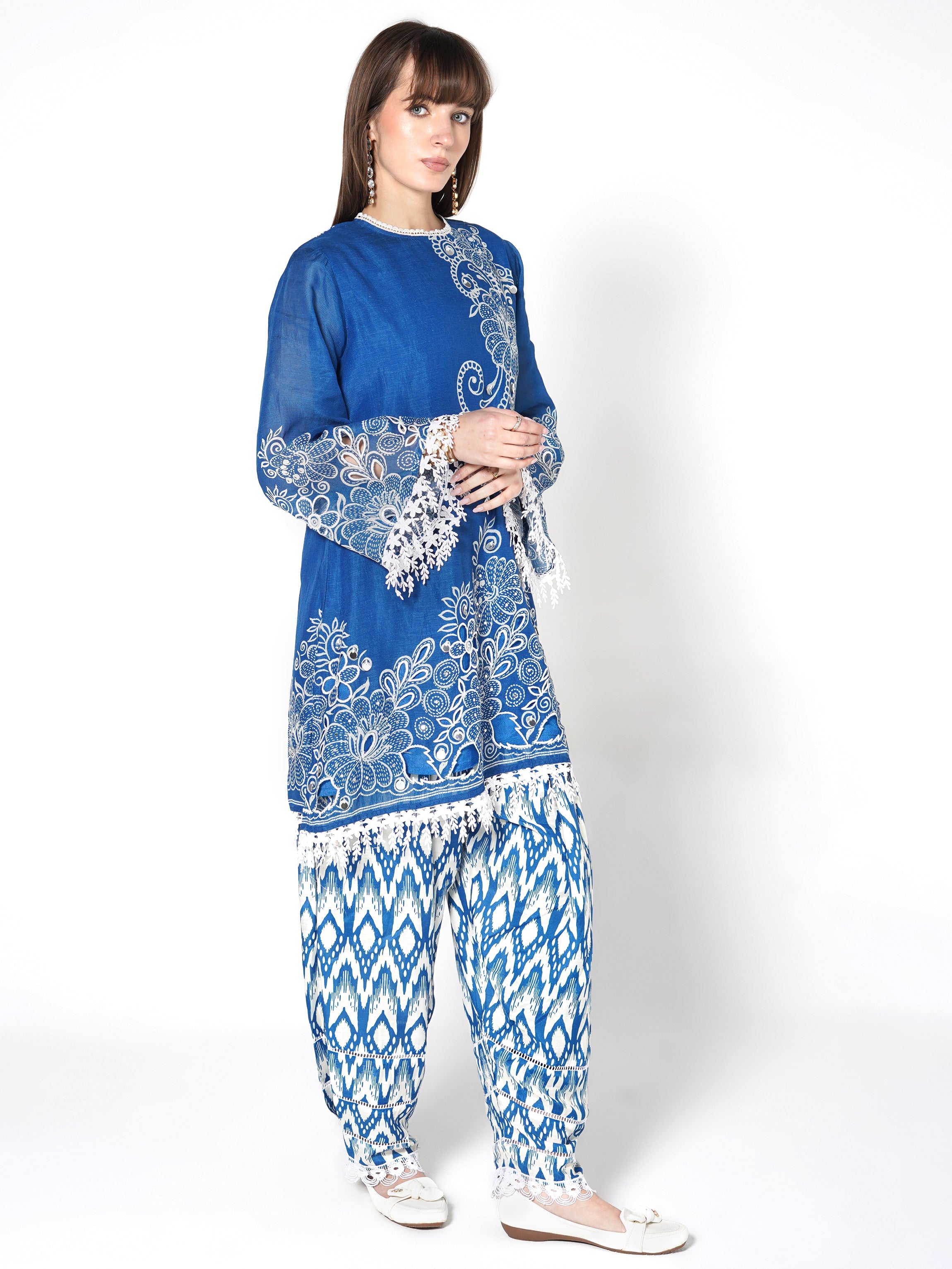 Sapphire Blue Printed Linen Silk Co-Ord Set