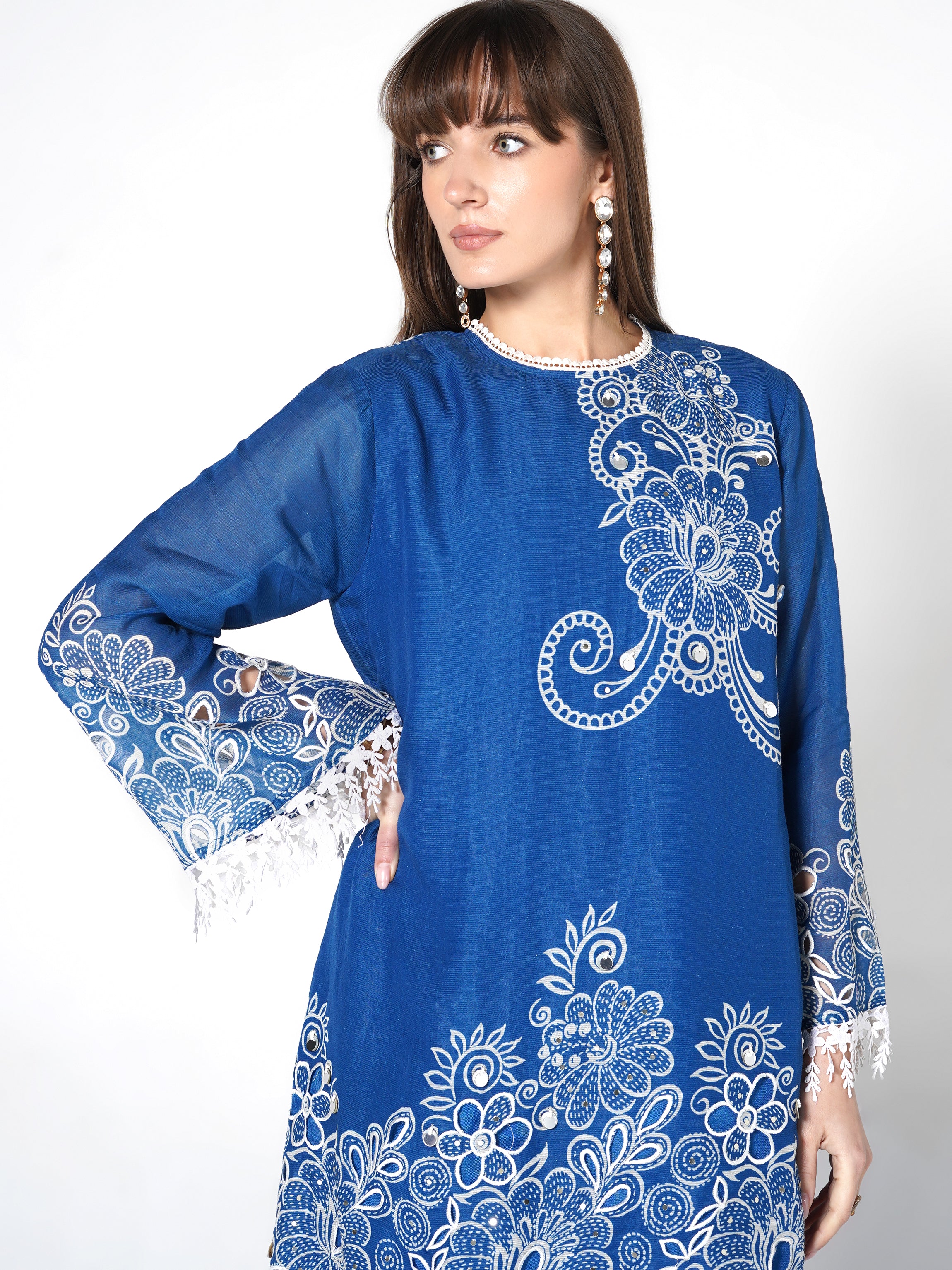 Sapphire Blue Printed Linen Silk Co-Ord Set