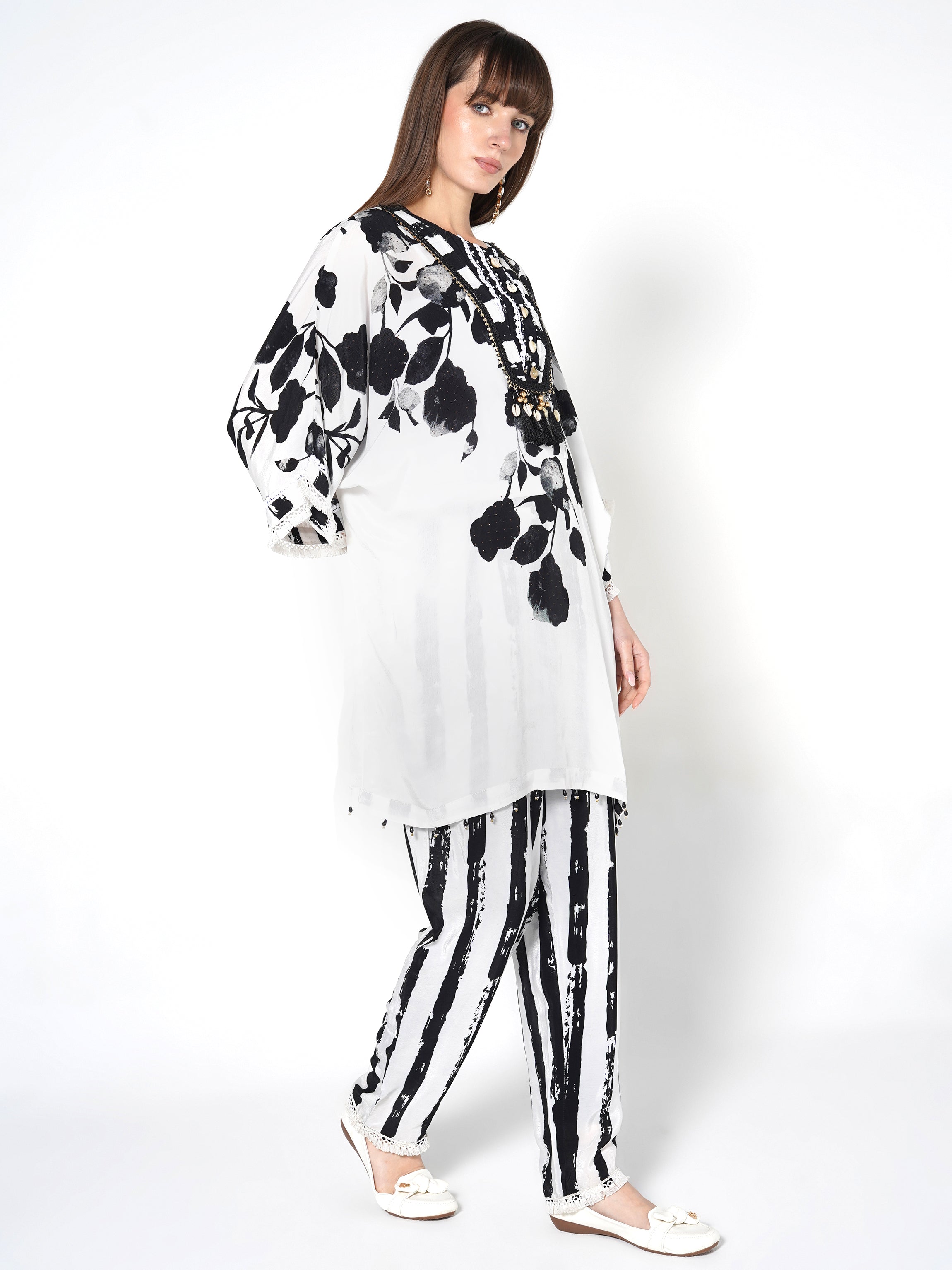 Milk White Printed Crepe Silk Co-Ord Set