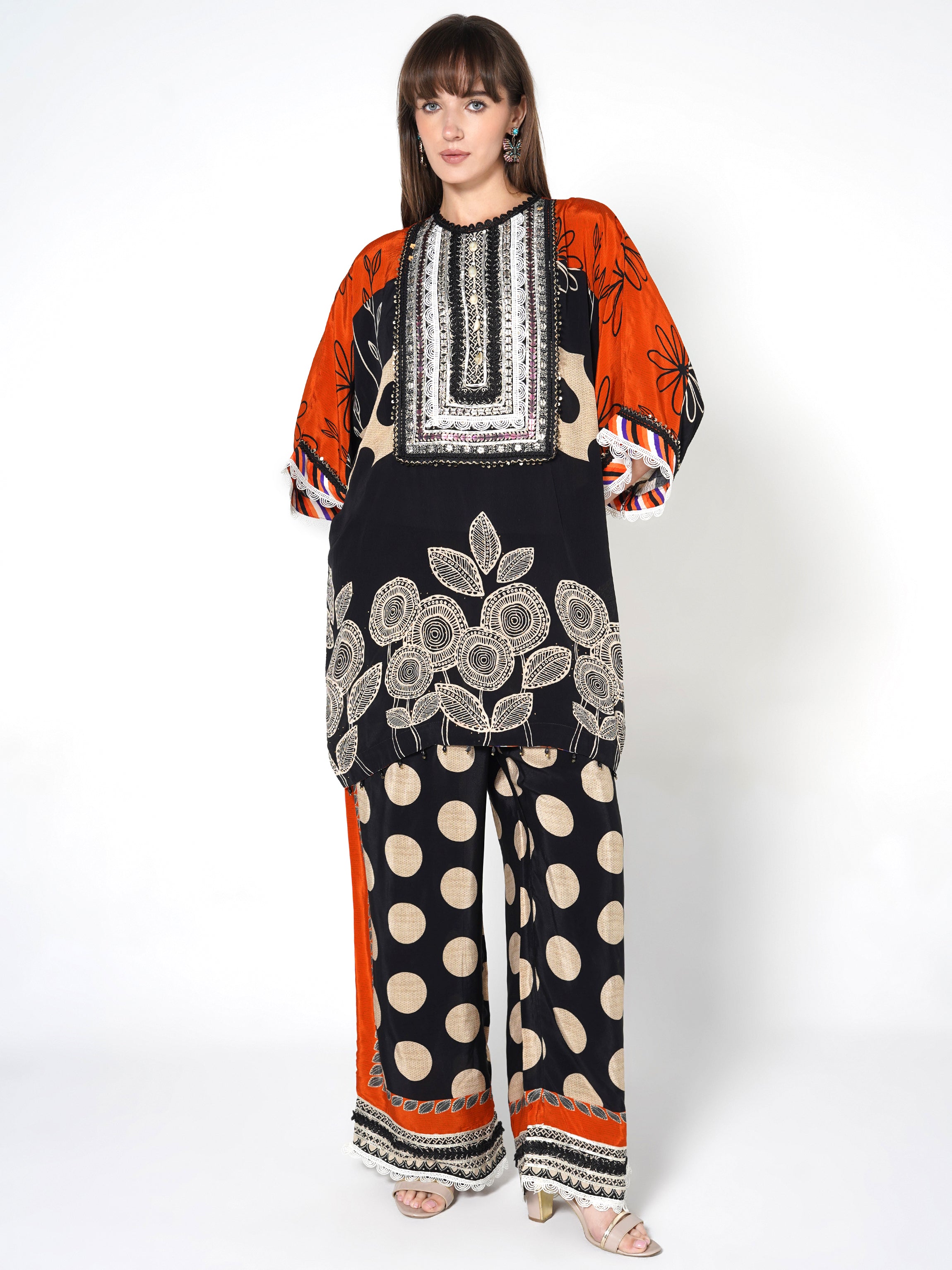 Orange Black Printed Polka Crepe Silk Co-Ord Set
