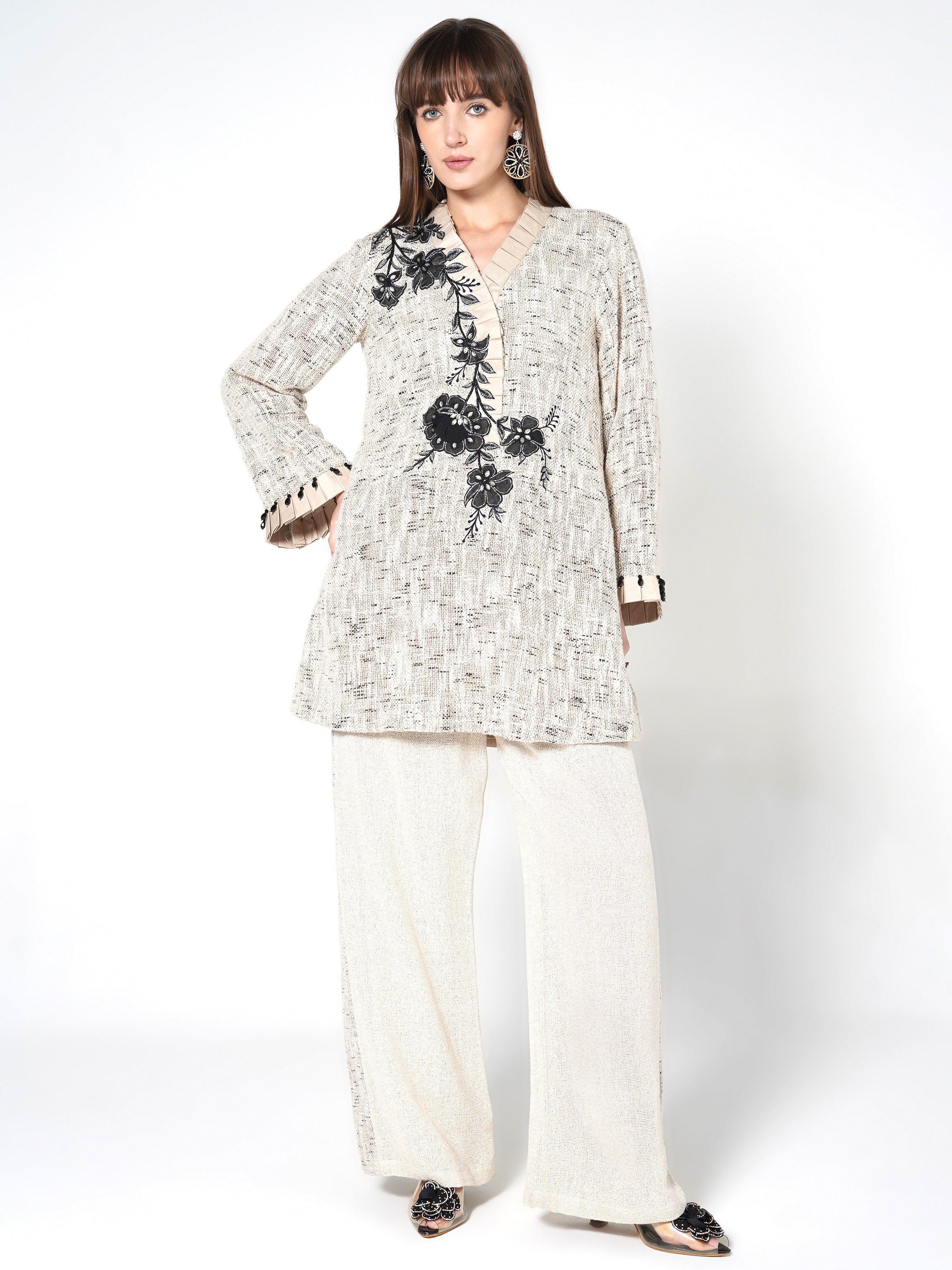 Beige & Black Floral Jute Co-ord Set