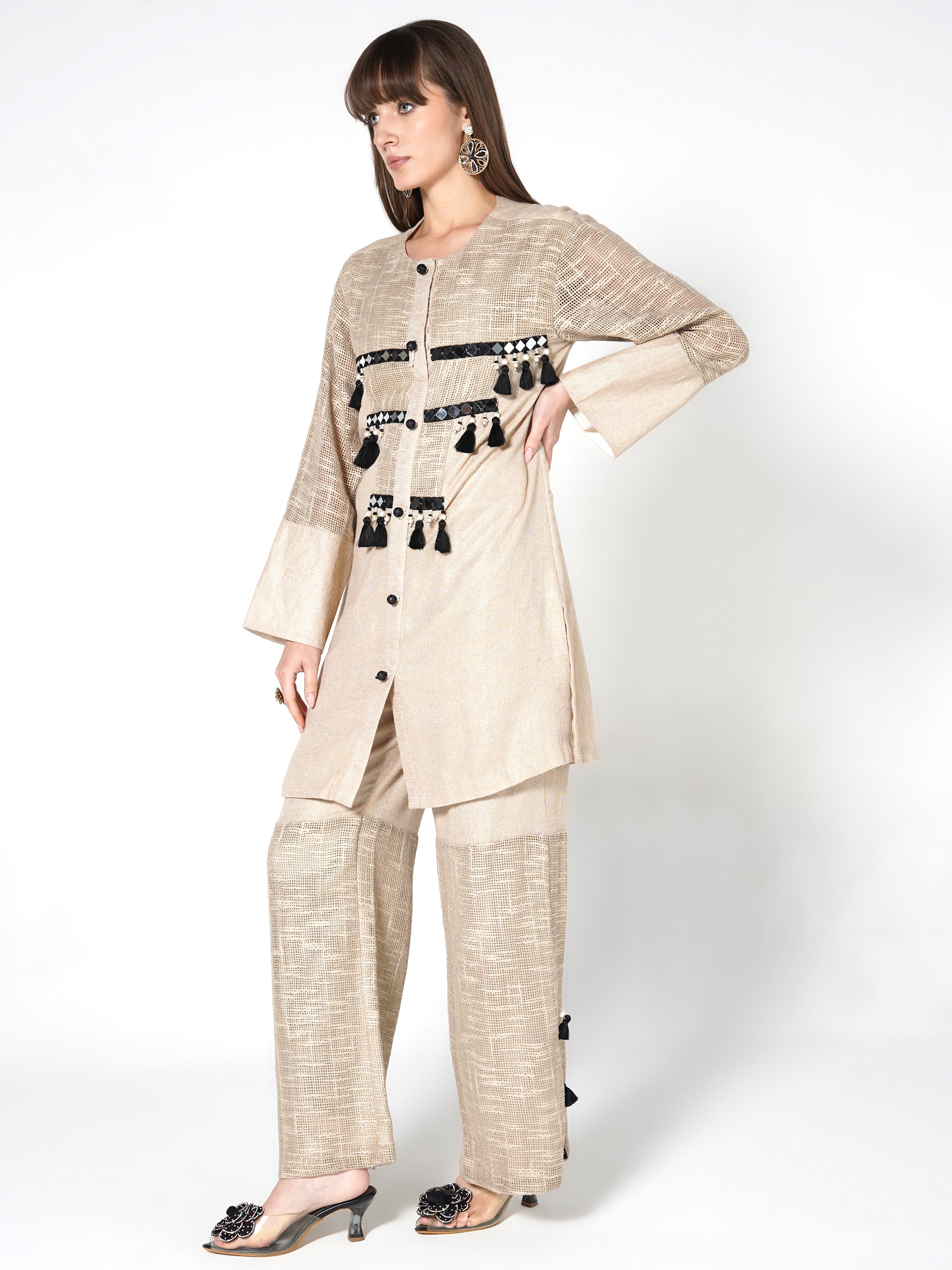 Champagne Beige Embroidered Jute Co-ord Set