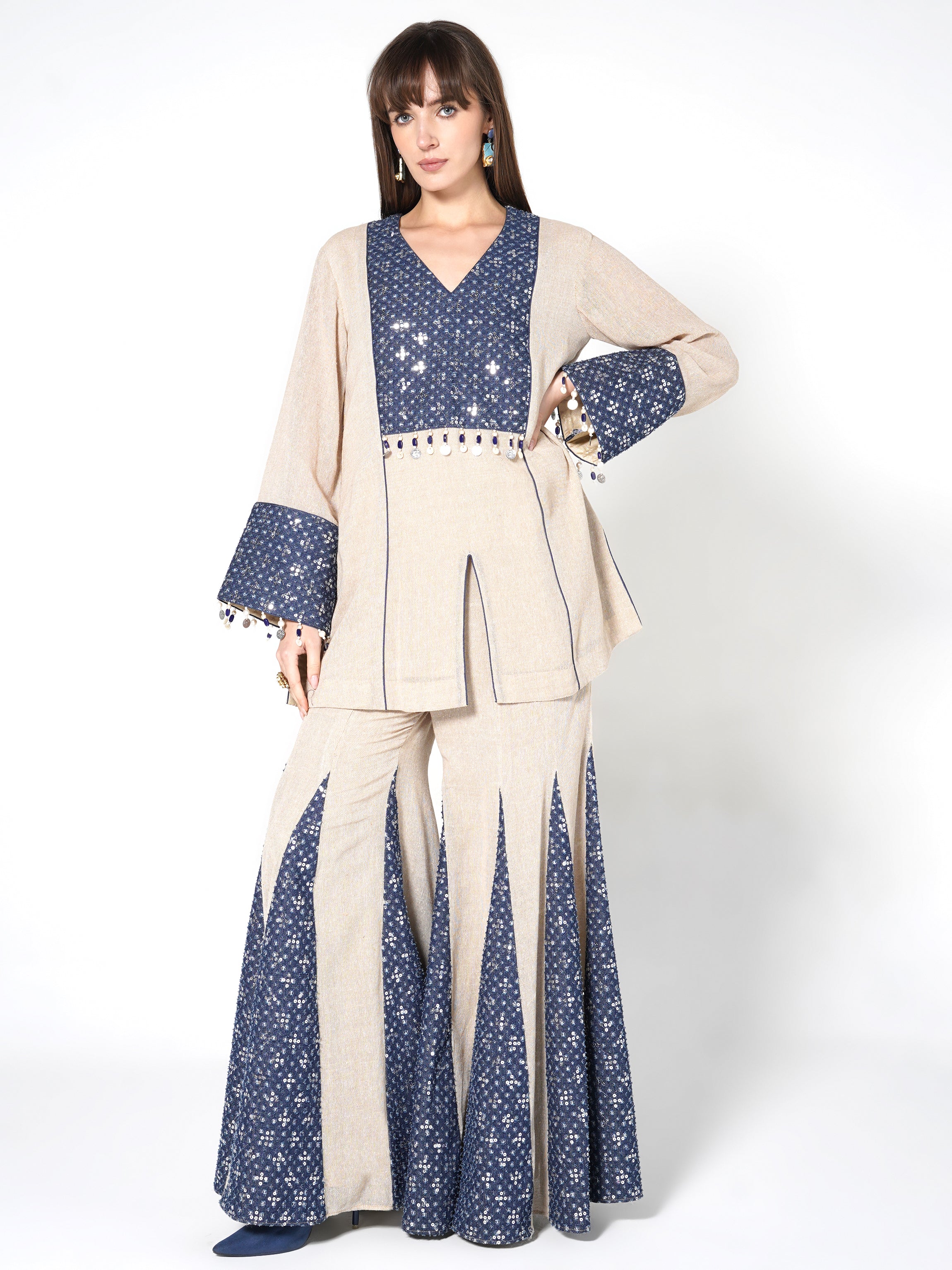 Natural Beige & Blue Flared Jute Co-ord Set