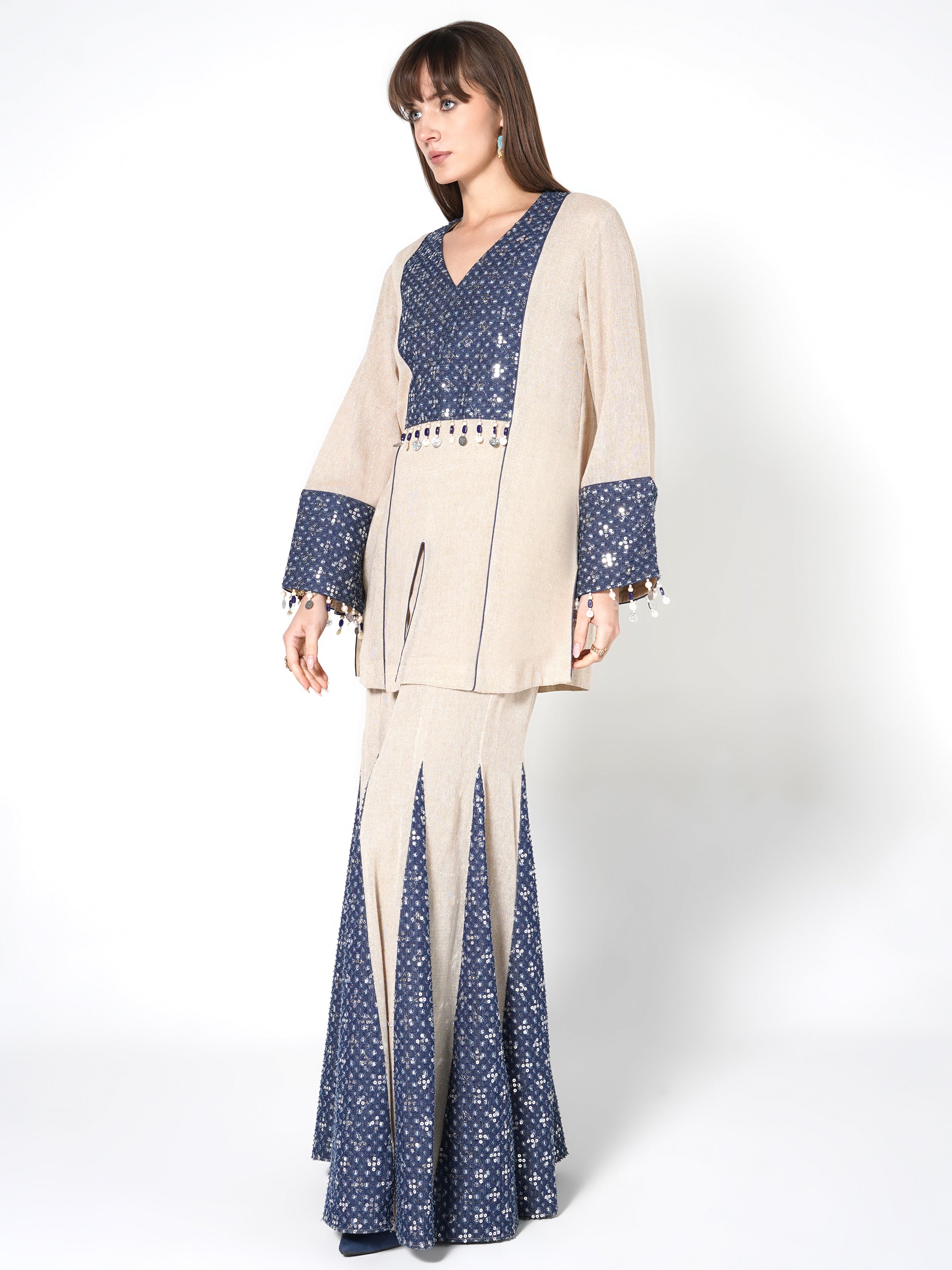 Natural Beige & Blue Flared Jute Co-ord Set