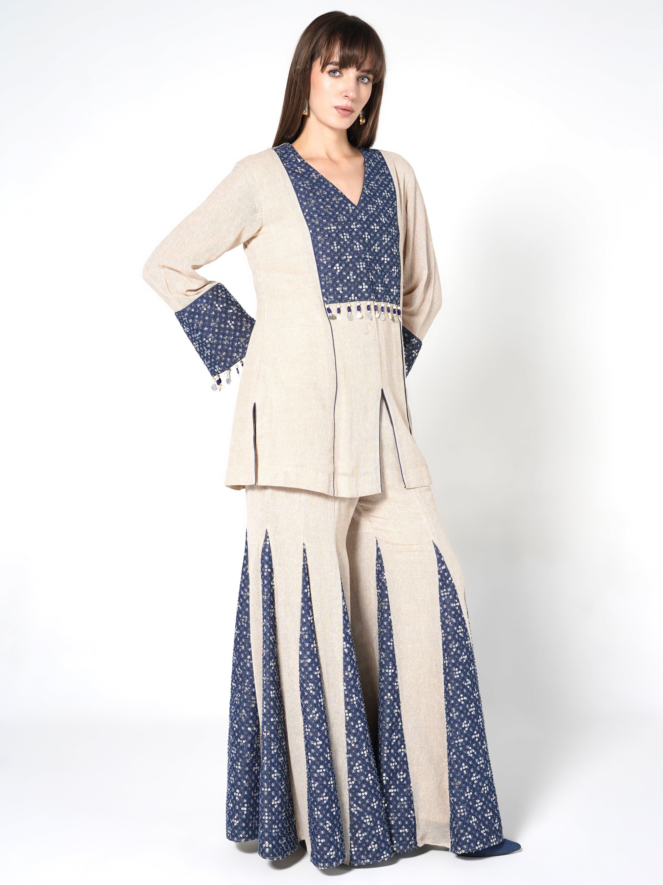 Natural Beige & Blue Flared Jute Co-ord Set