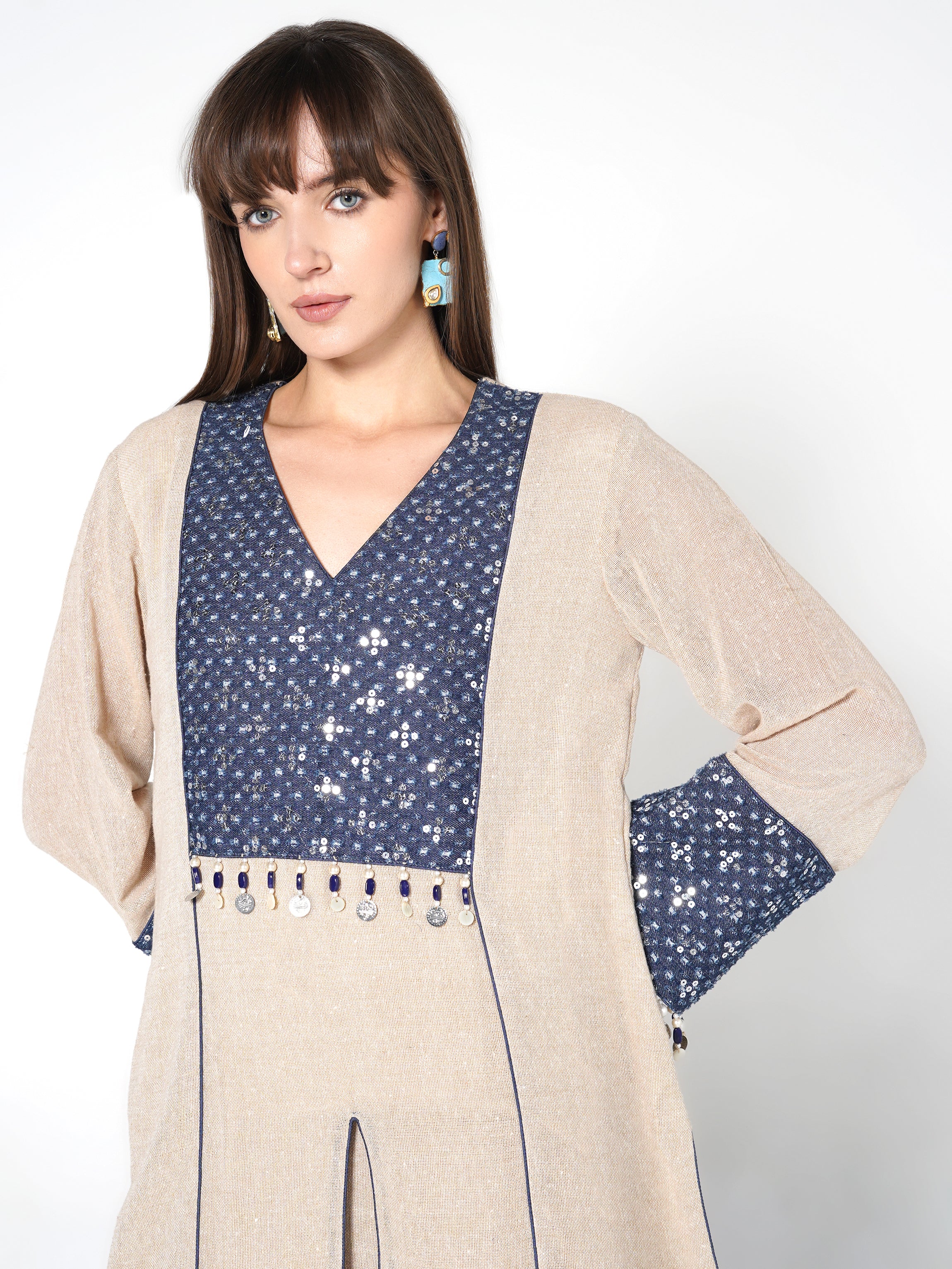 Natural Beige & Blue Flared Jute Co-ord Set