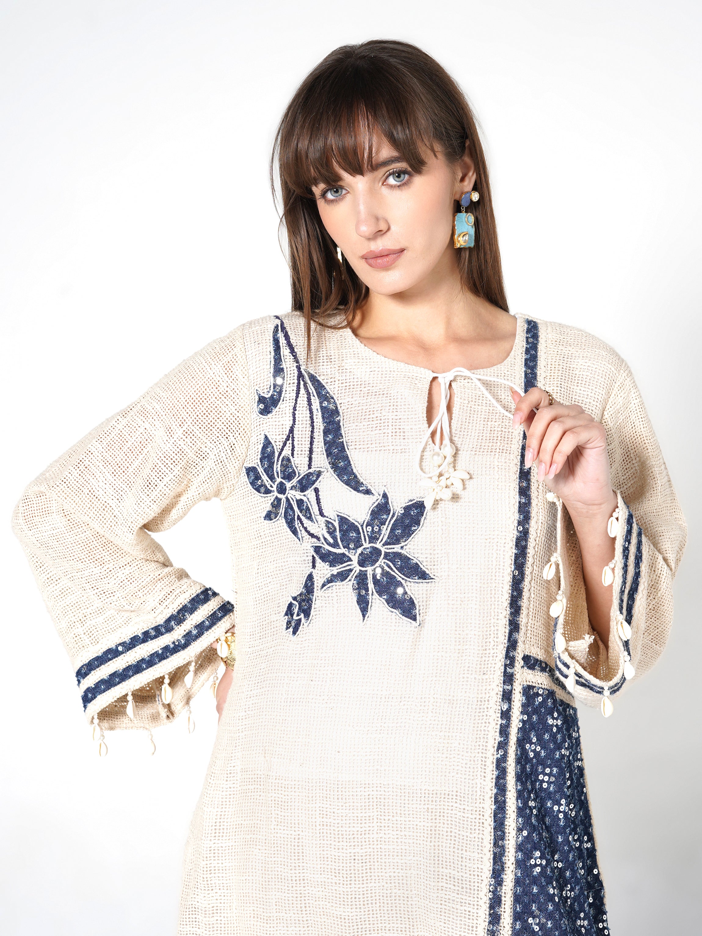 Cream & Navy Embellished Jute Co-ord Set