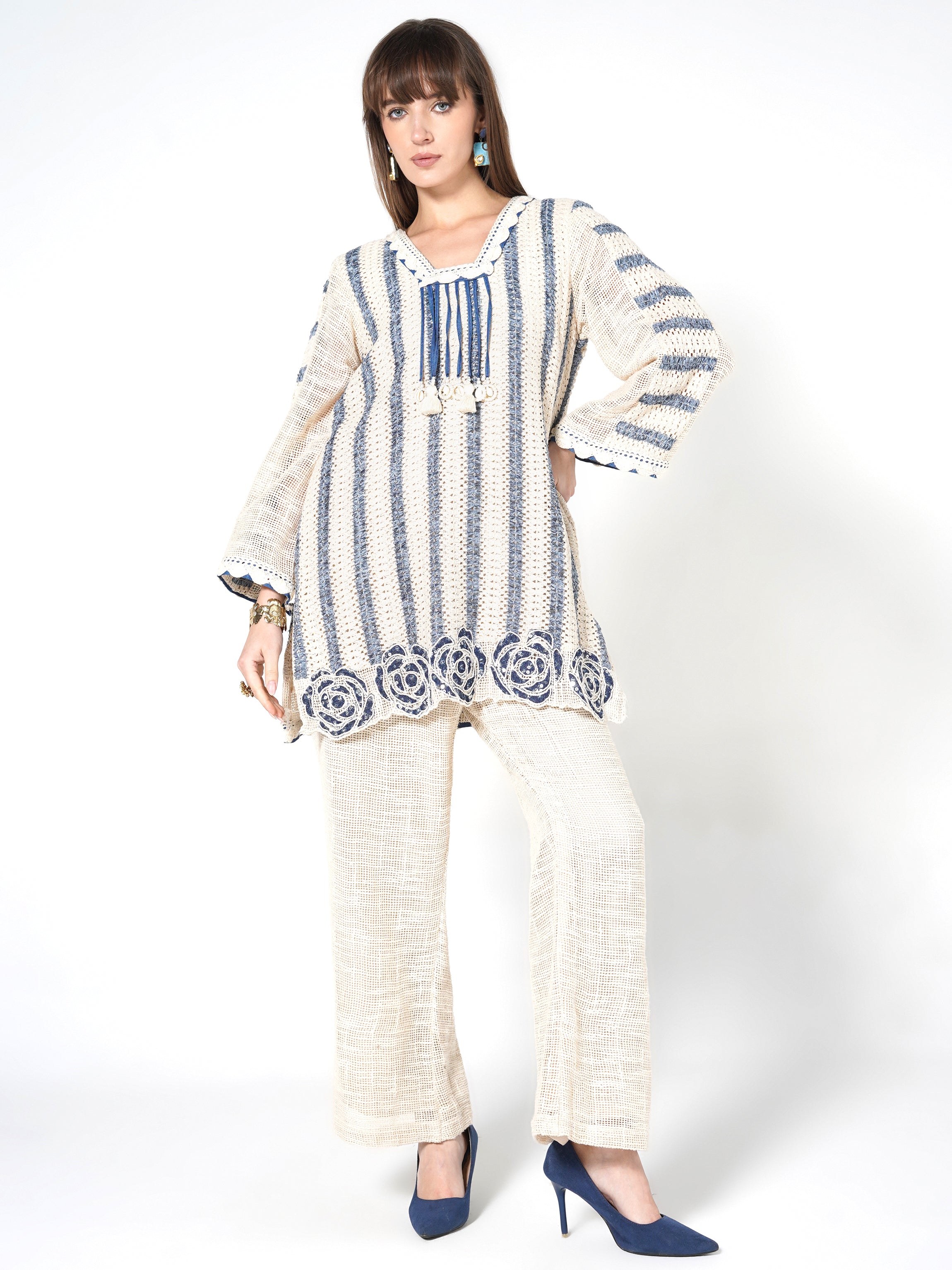 Cream & Indigo Striped Jute Co-ord Set