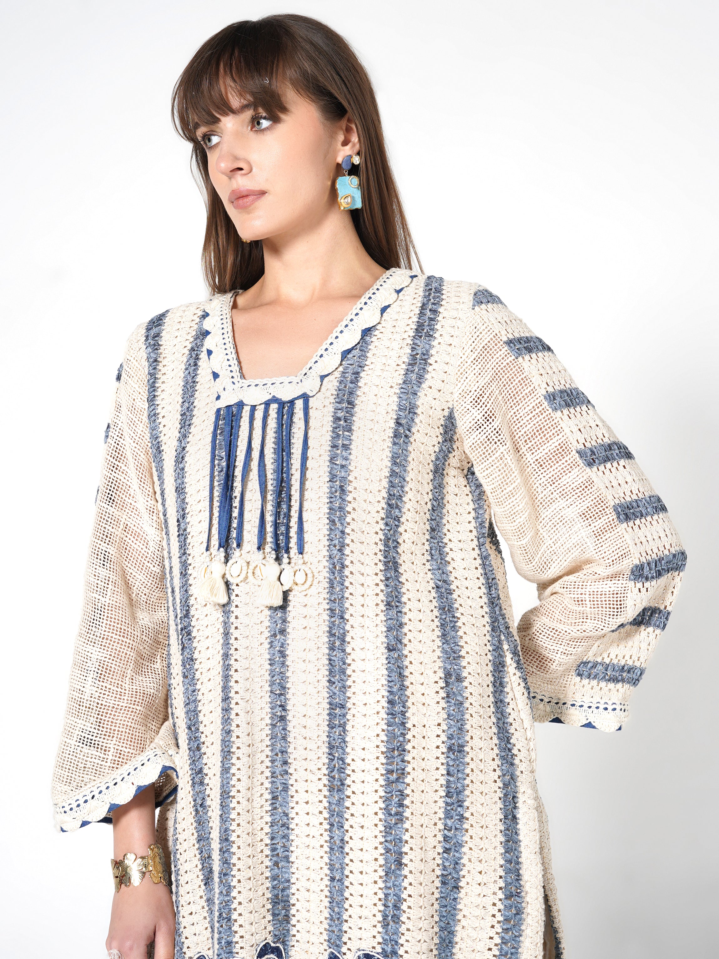 Cream & Indigo Striped Jute Co-ord Set