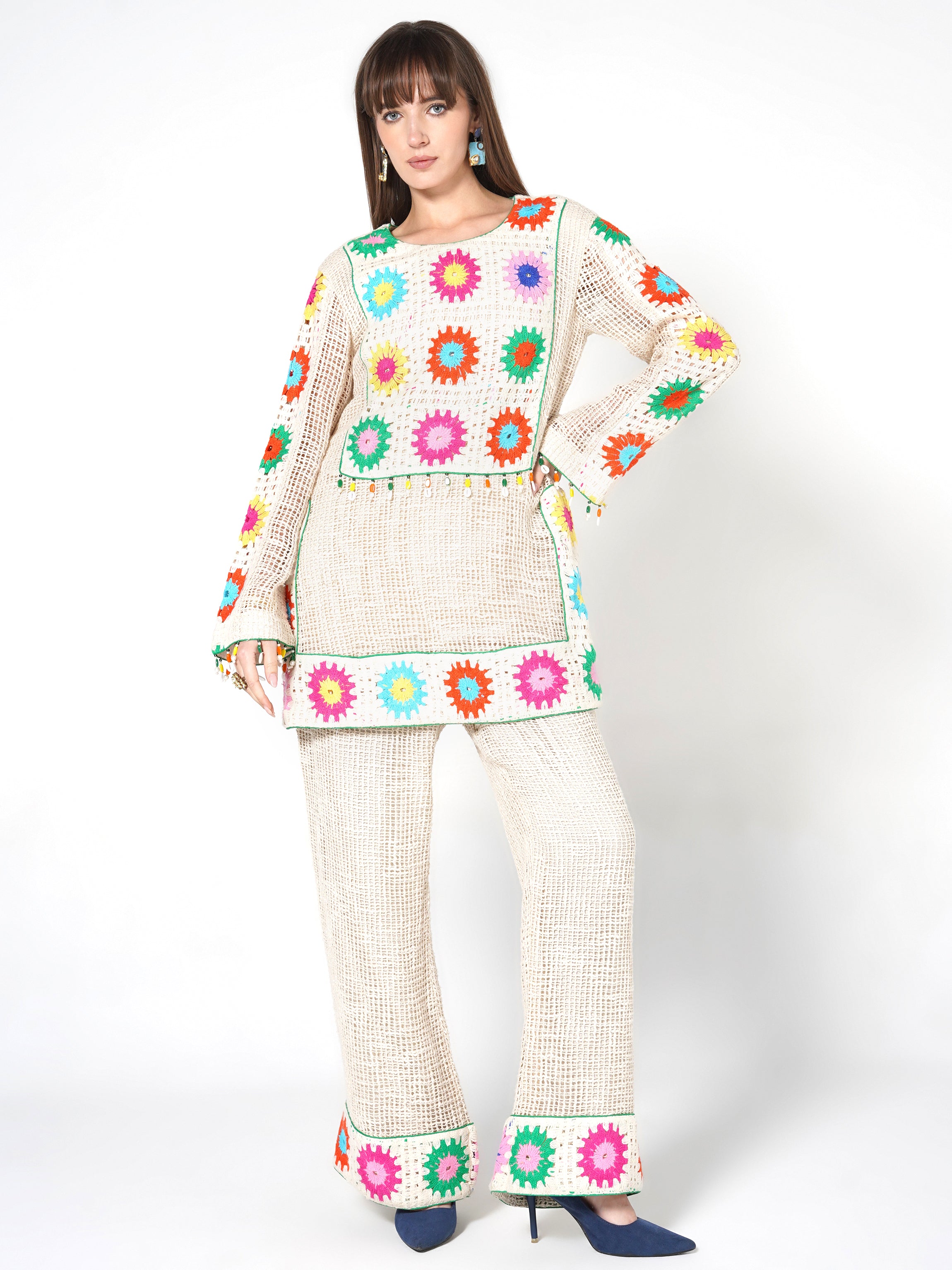 Cream Vibrant Floral Crochet Jute Co-ord Set