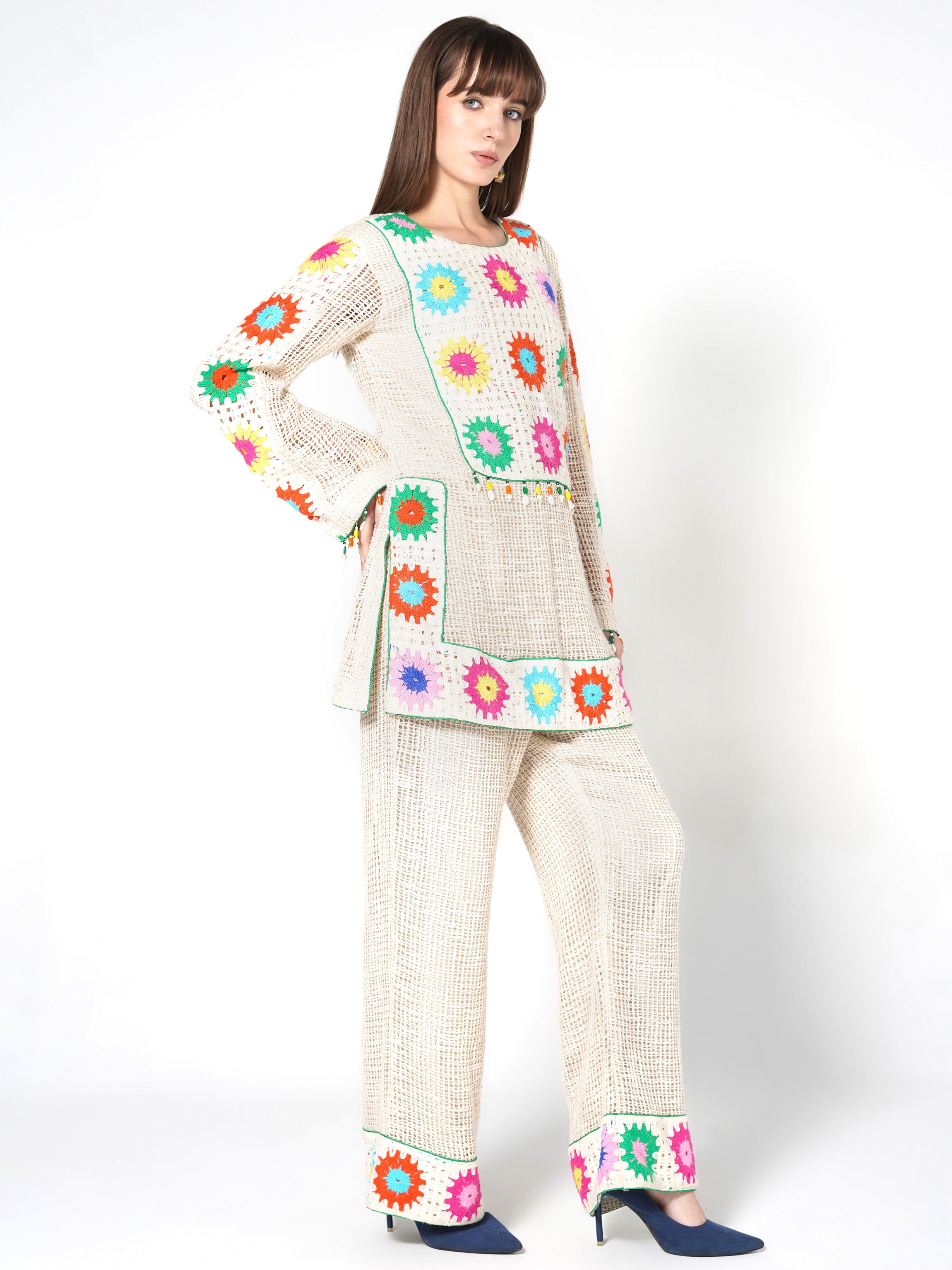 Cream Vibrant Floral Crochet Jute Co-ord Set