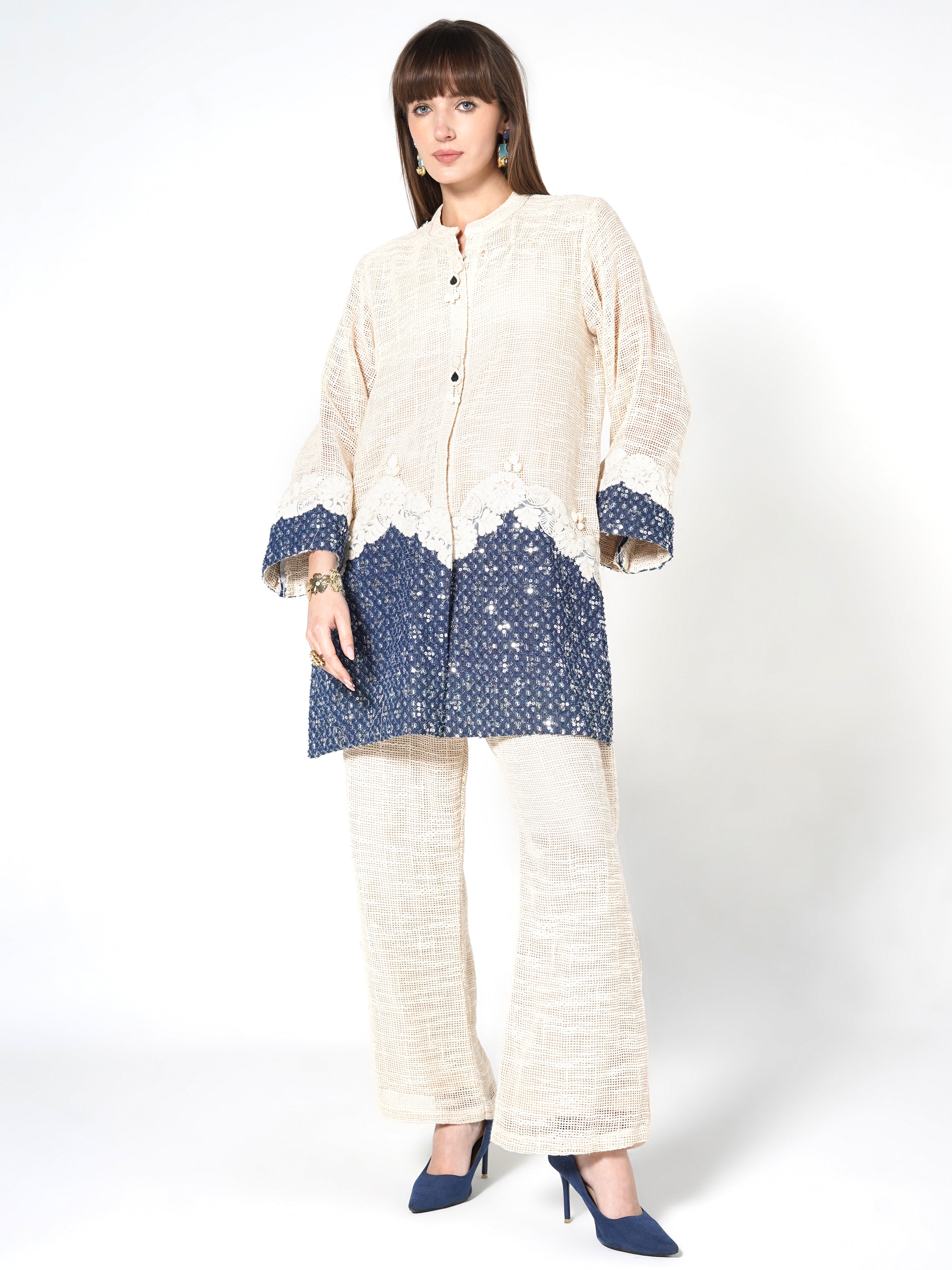 Cream & Blue Color-Blocked Jute Co-ord Set