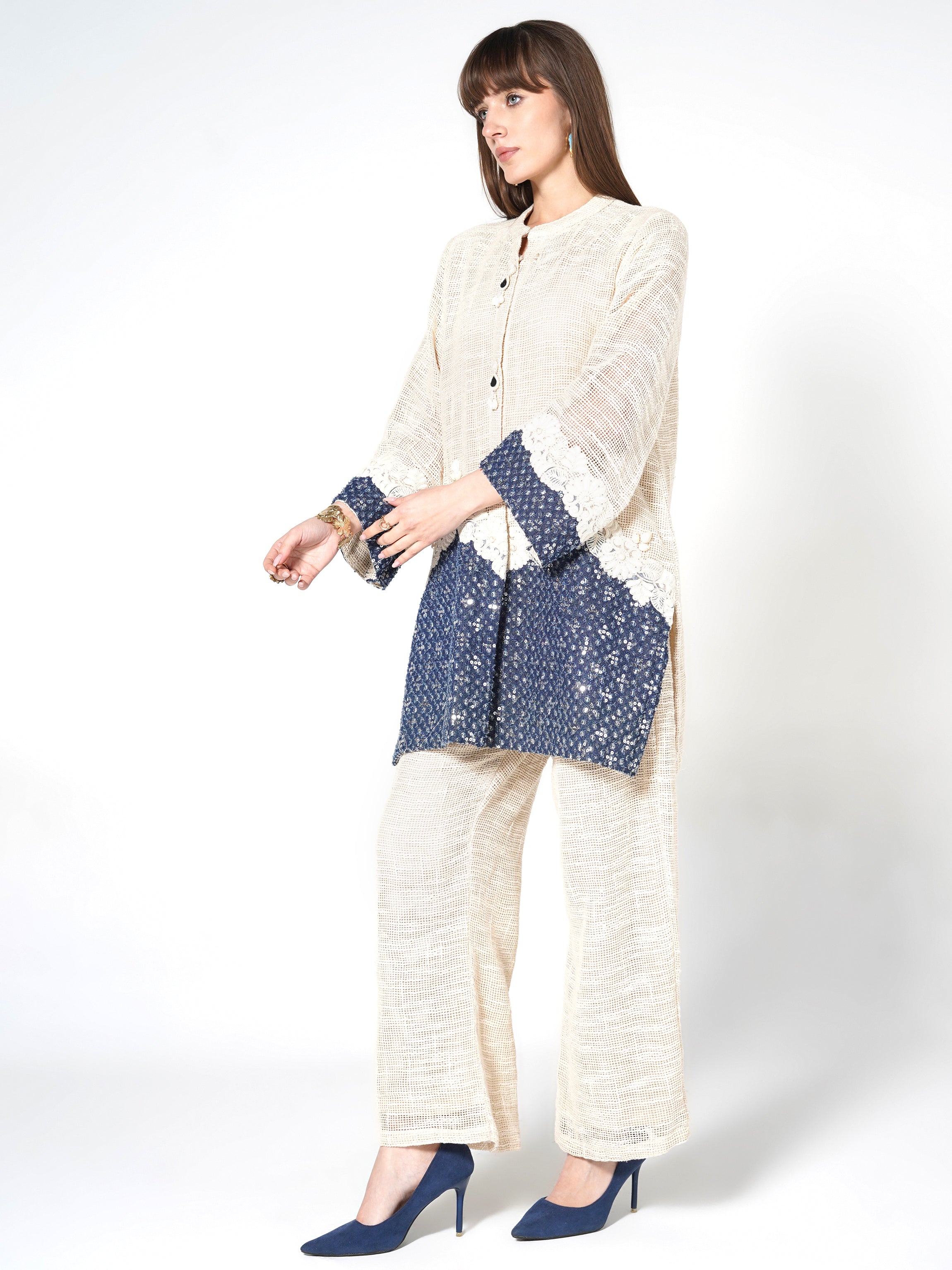 Cream & Blue Color-Blocked Jute Co-ord Set