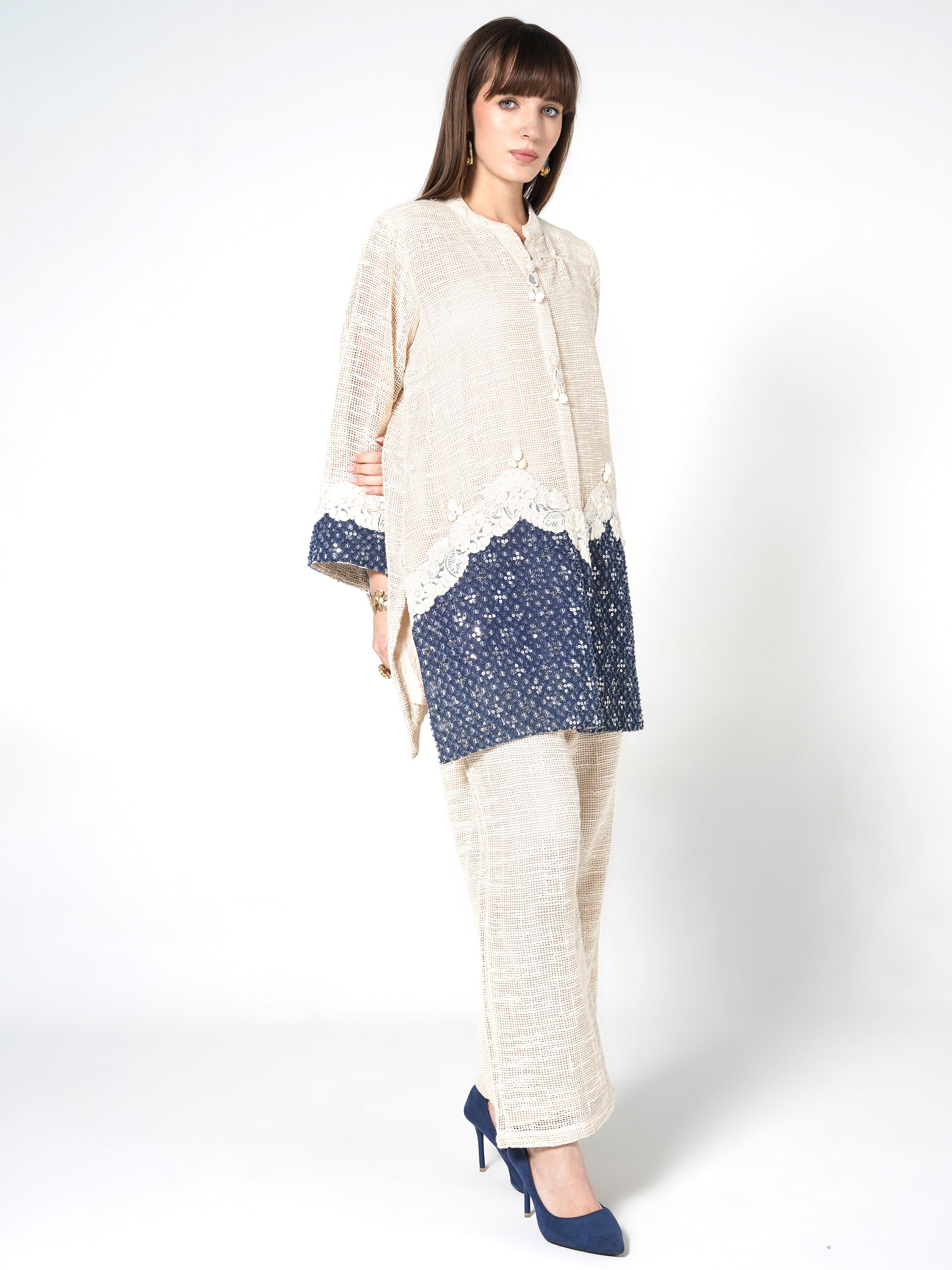 Cream & Blue Color-Blocked Jute Co-ord Set