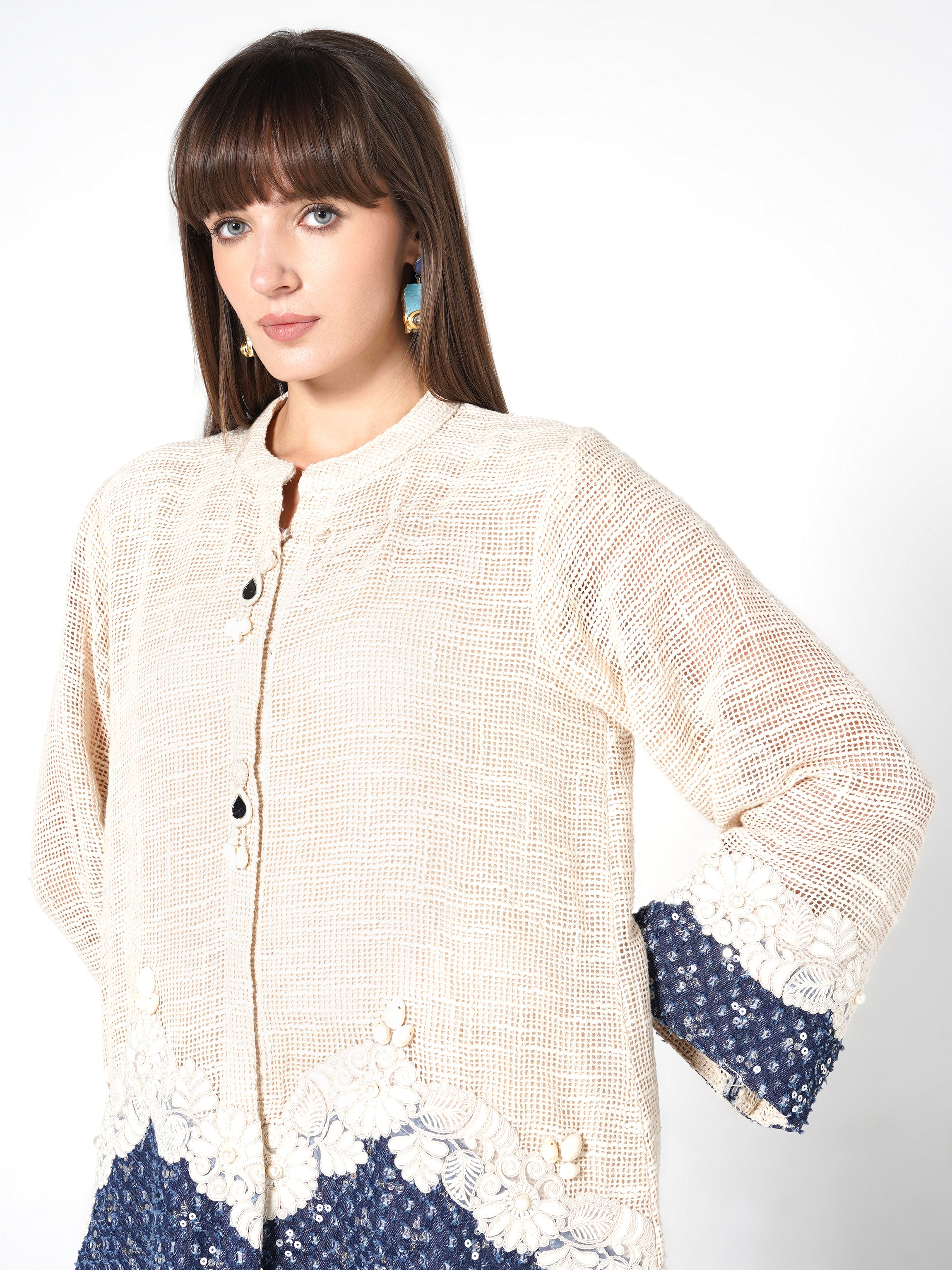 Cream & Blue Color-Blocked Jute Co-ord Set